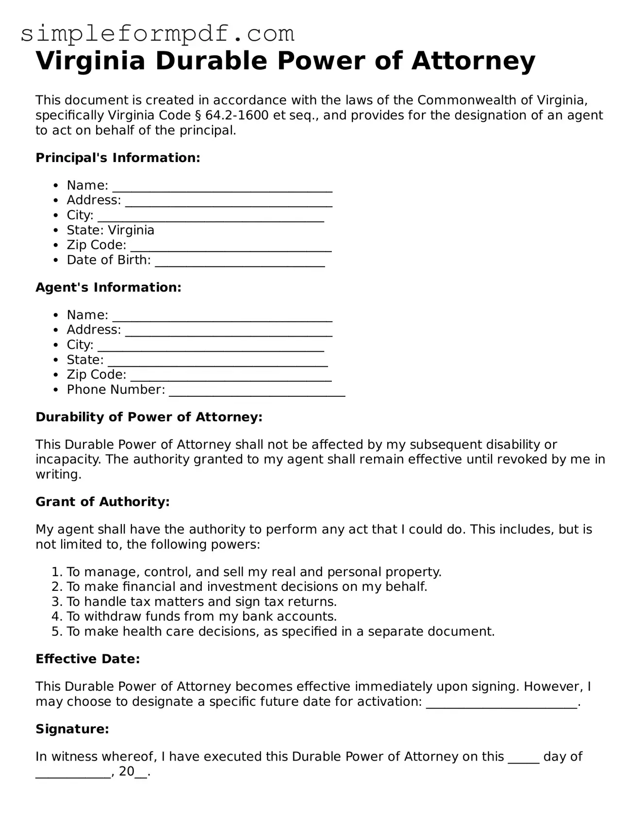 Free Durable Power of Attorney Form for the State of Virginia