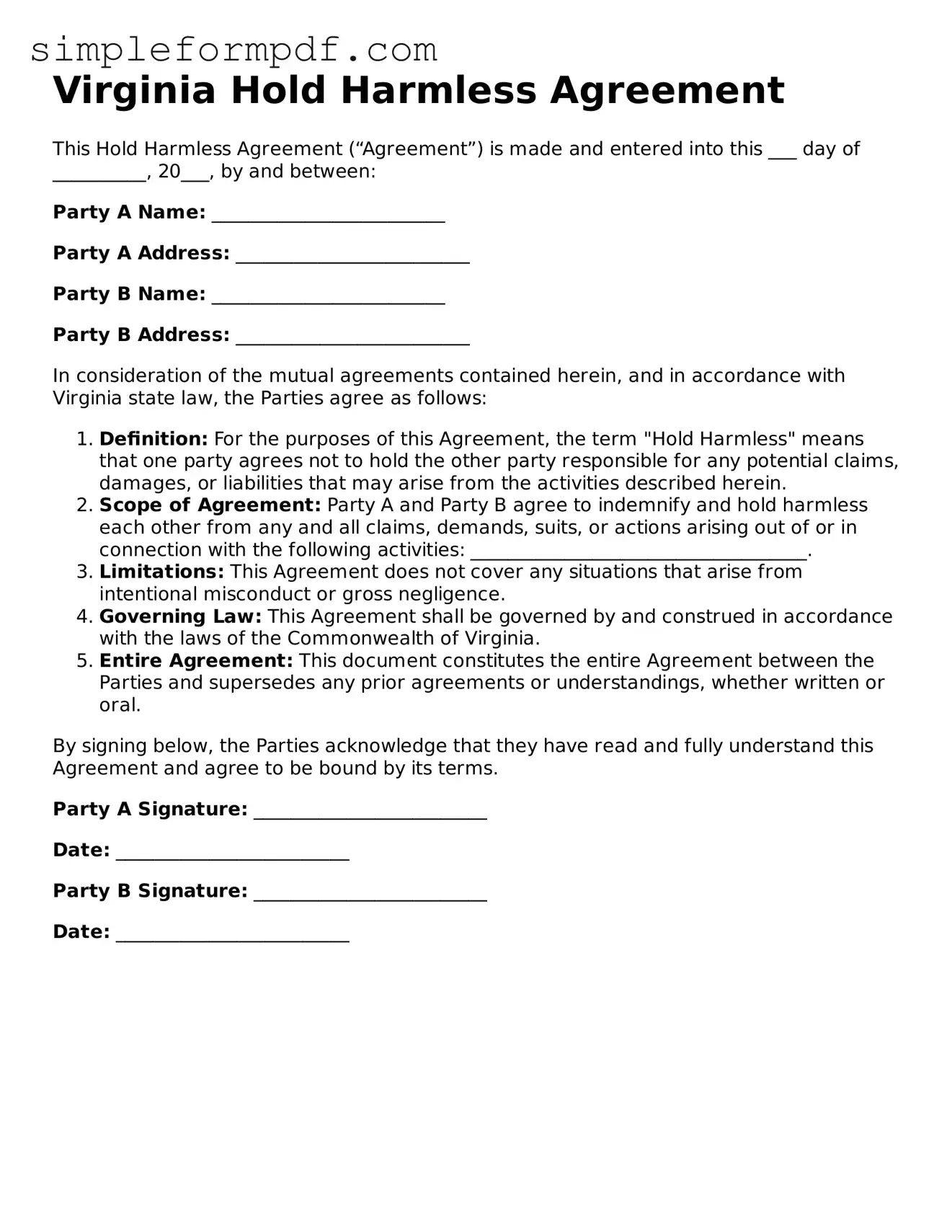 Free Hold Harmless Agreement Form for the State of Virginia