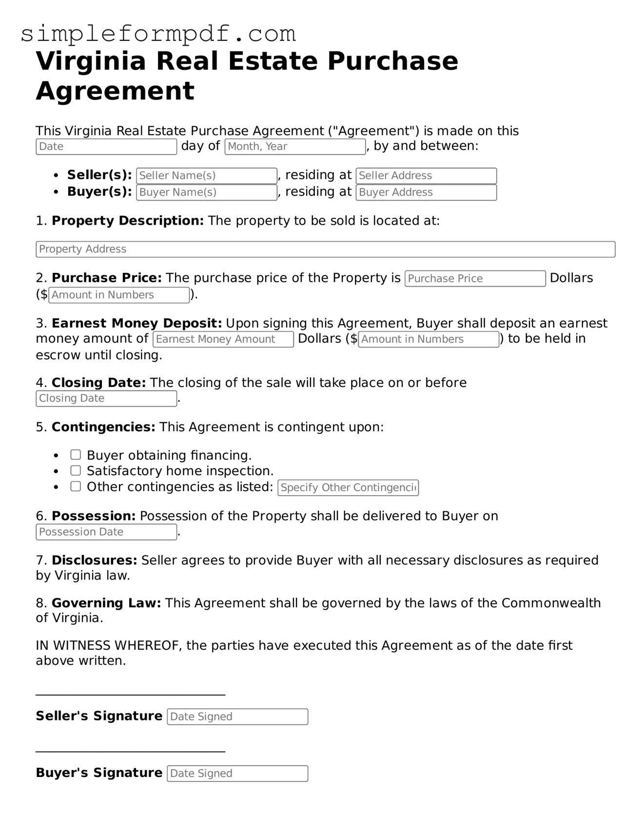 Free Real Estate Purchase Agreement Form for the State of Virginia