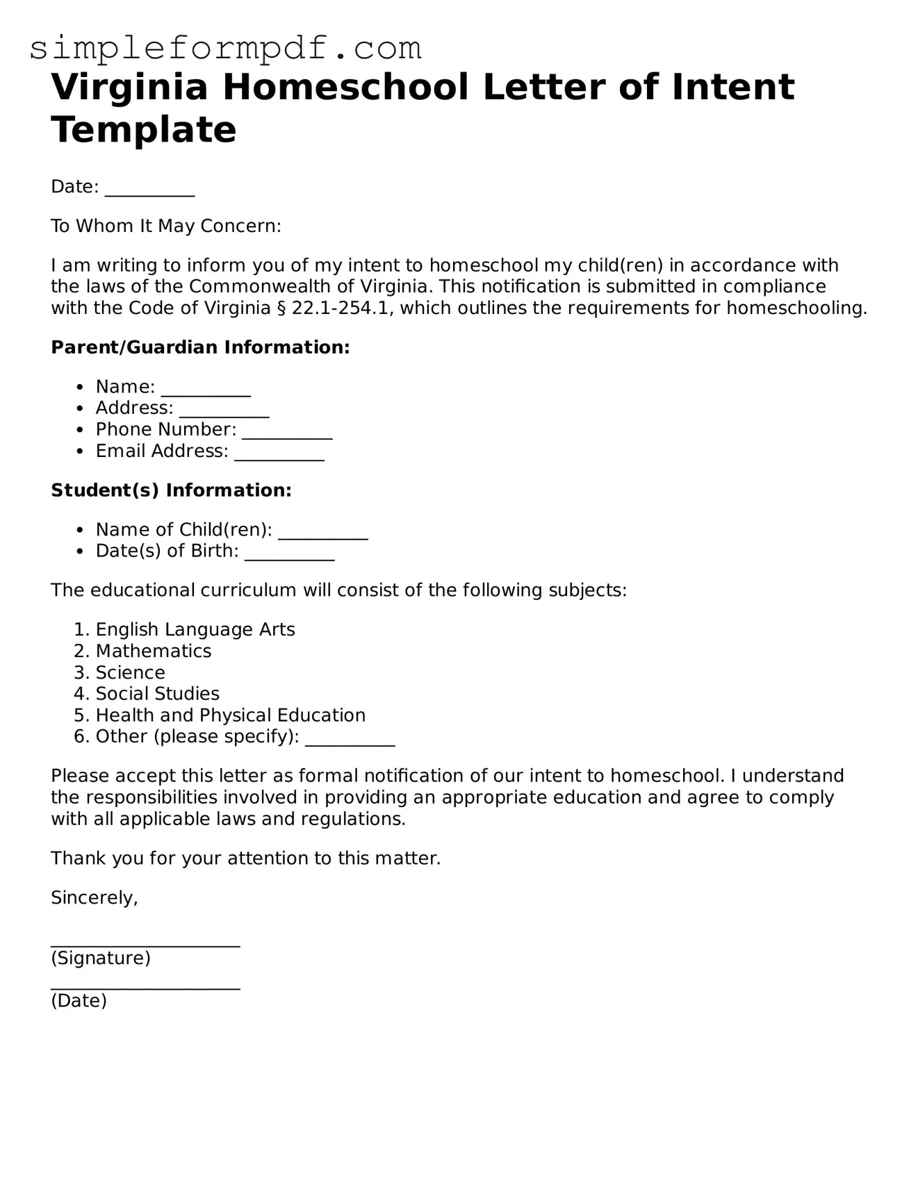 Free Homeschool Letter of Intent Form for the State of Virginia