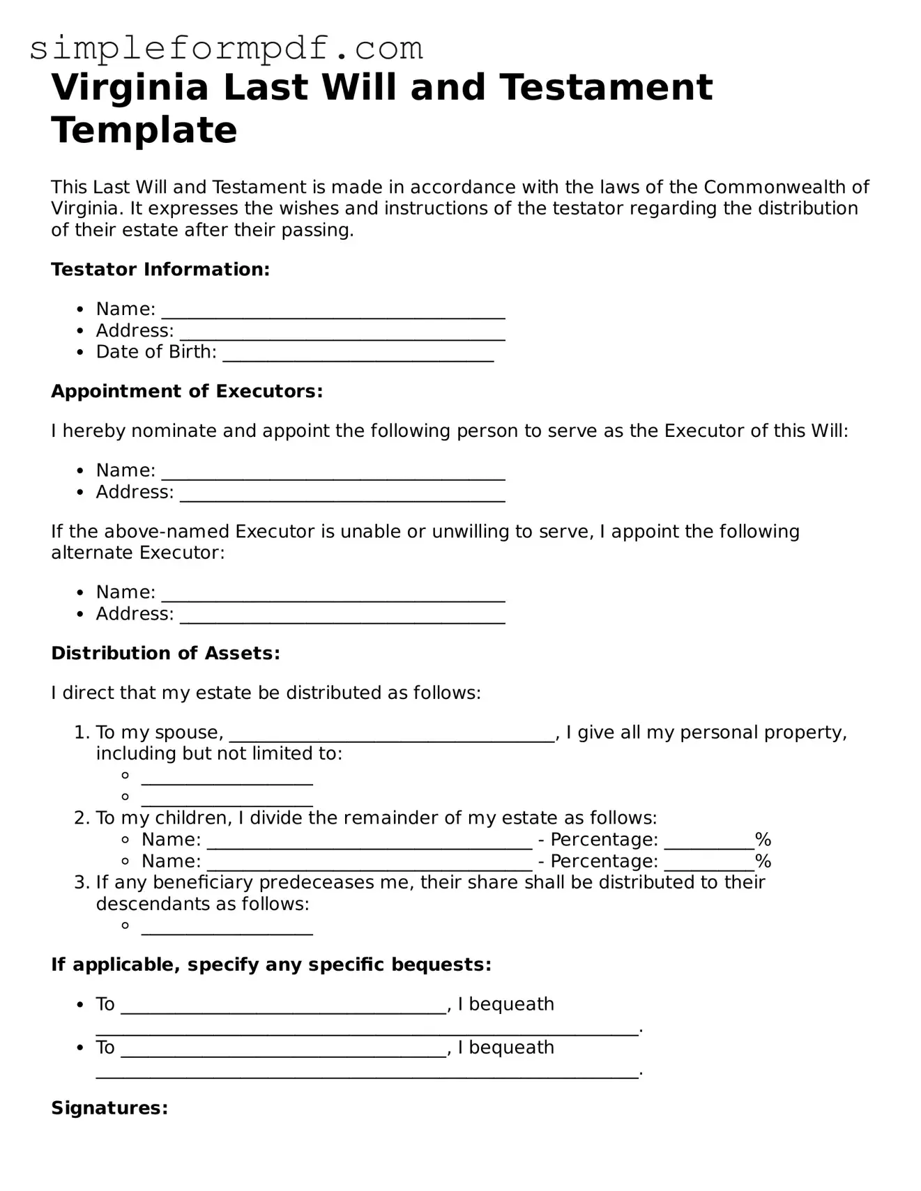 Free Last Will and Testament Form for the State of Virginia
