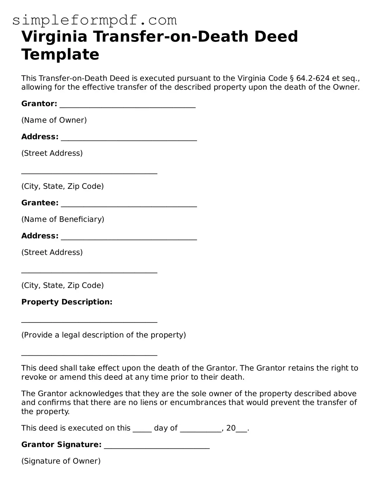 Free Transfer-on-Death Deed Form for the State of Virginia