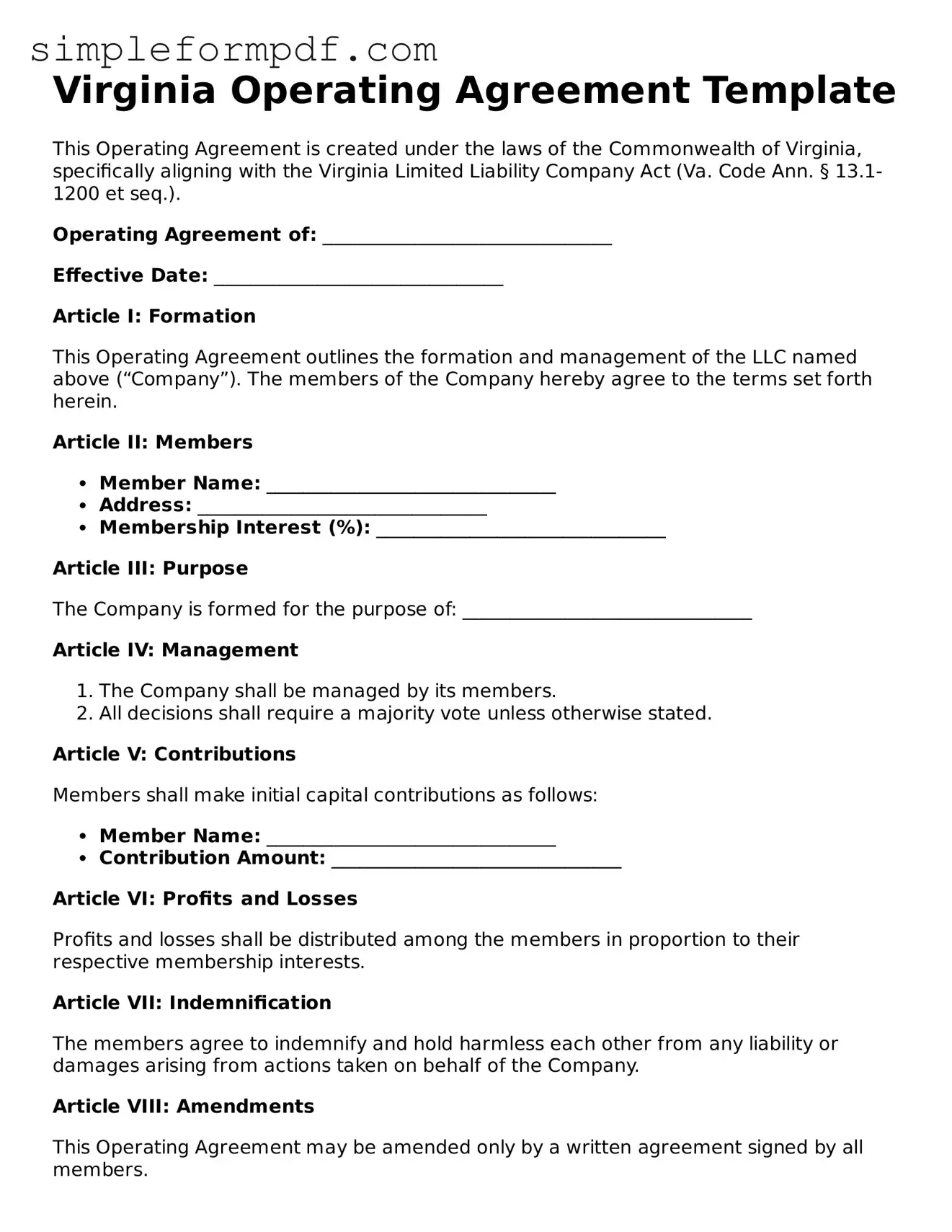 Free Operating Agreement Form for the State of Virginia