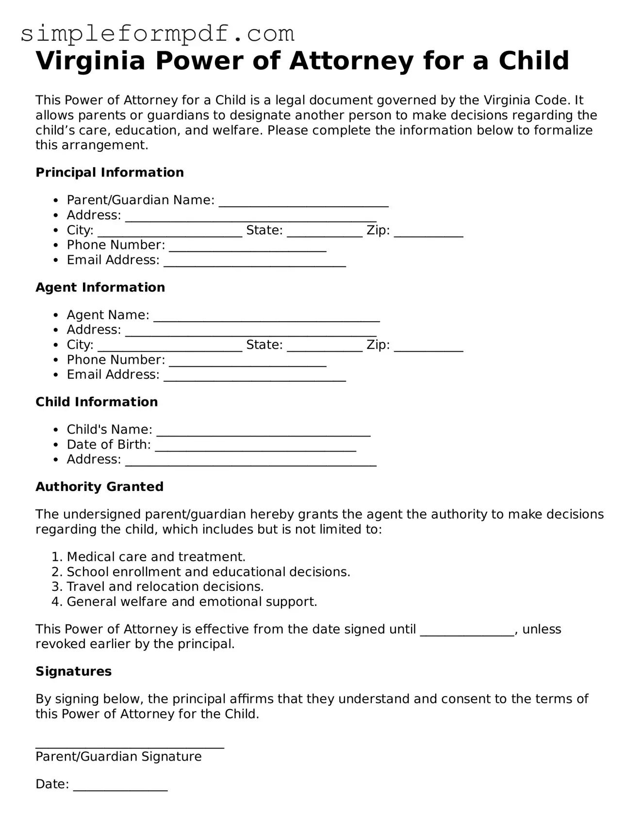 Free Power of Attorney for a Child Form for the State of Virginia