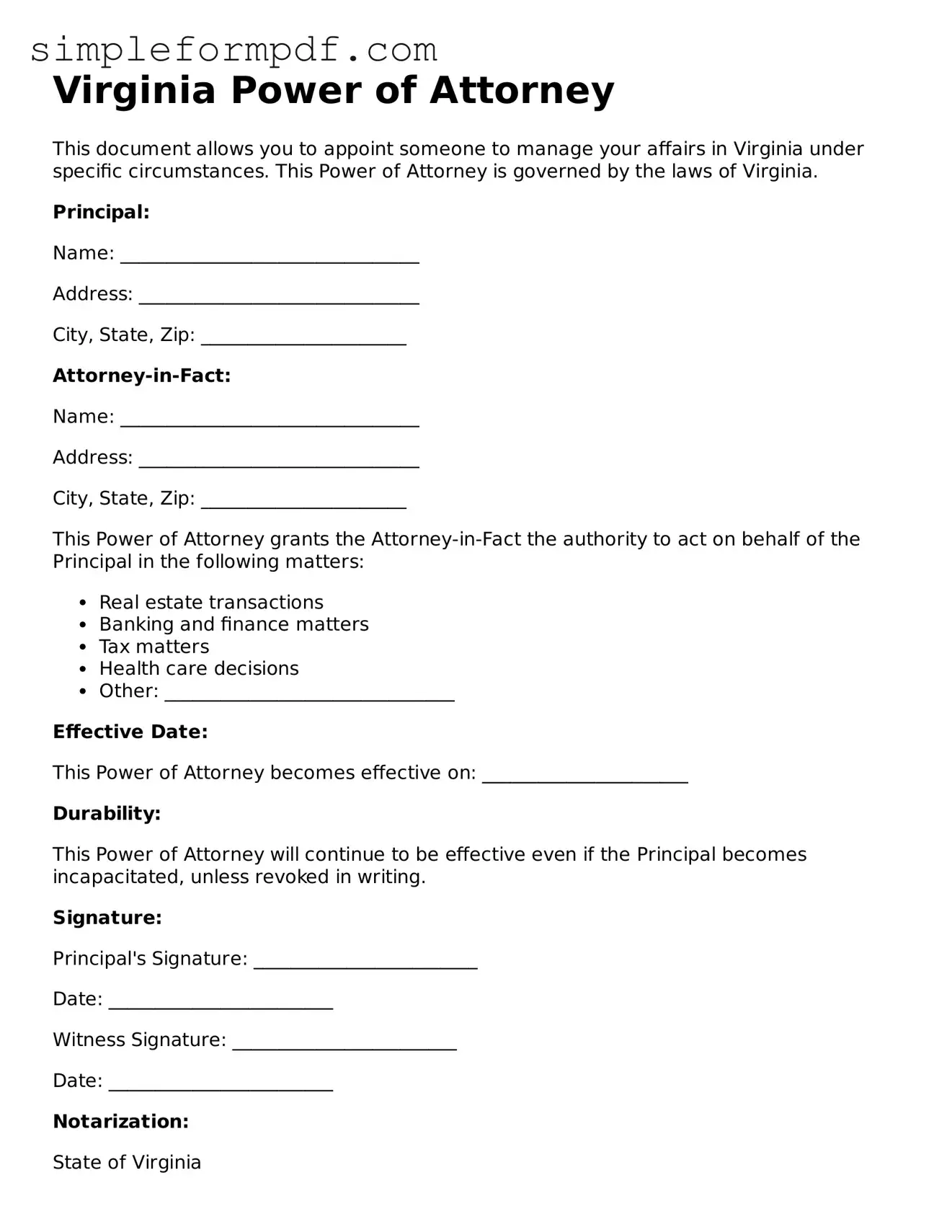Free Power of Attorney Form for the State of Virginia
