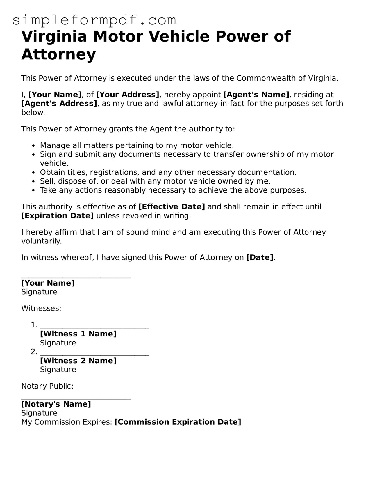 Free Motor Vehicle Power of Attorney Form for the State of Virginia
