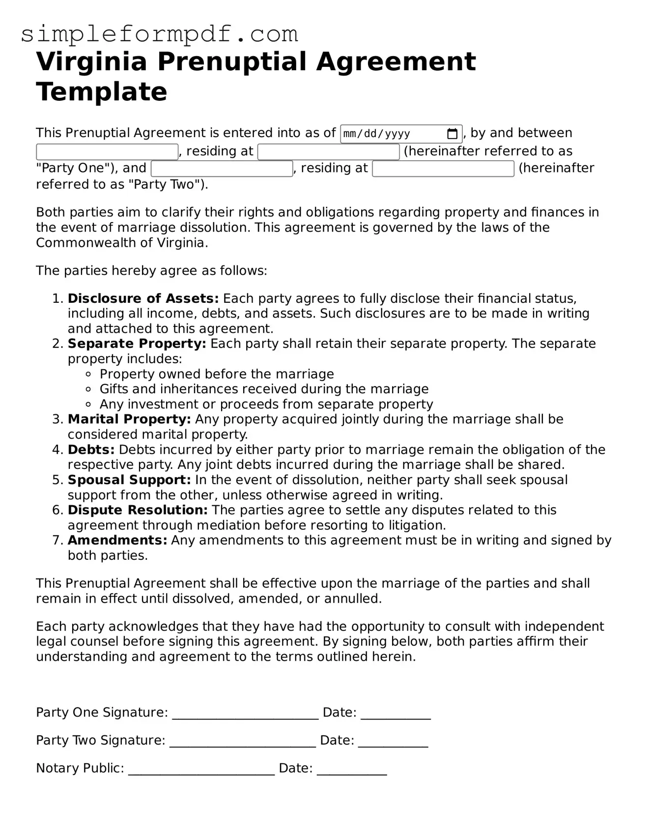 Free Prenuptial Agreement Form for the State of Virginia