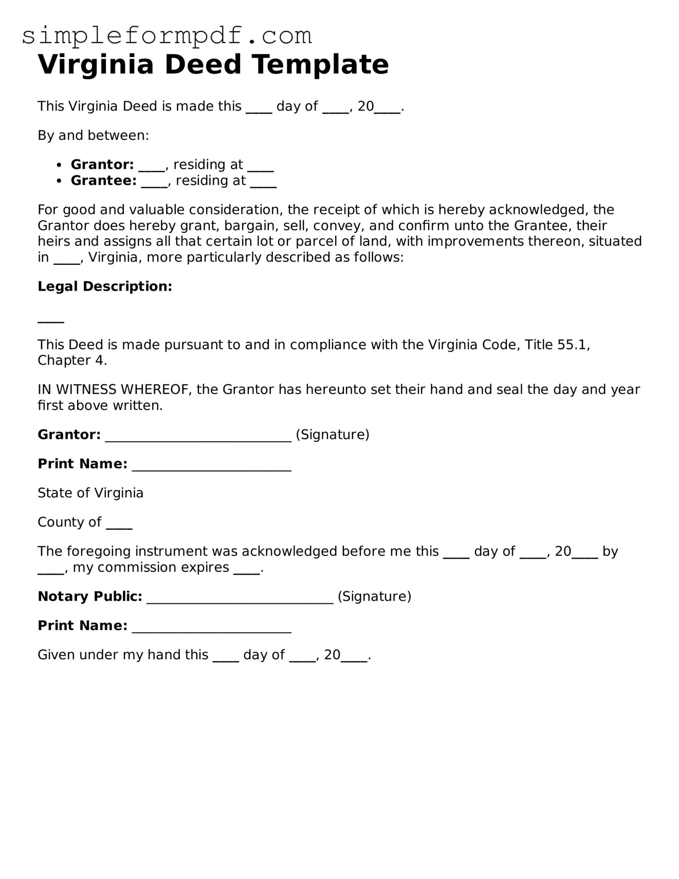 Free Deed Form for the State of Virginia