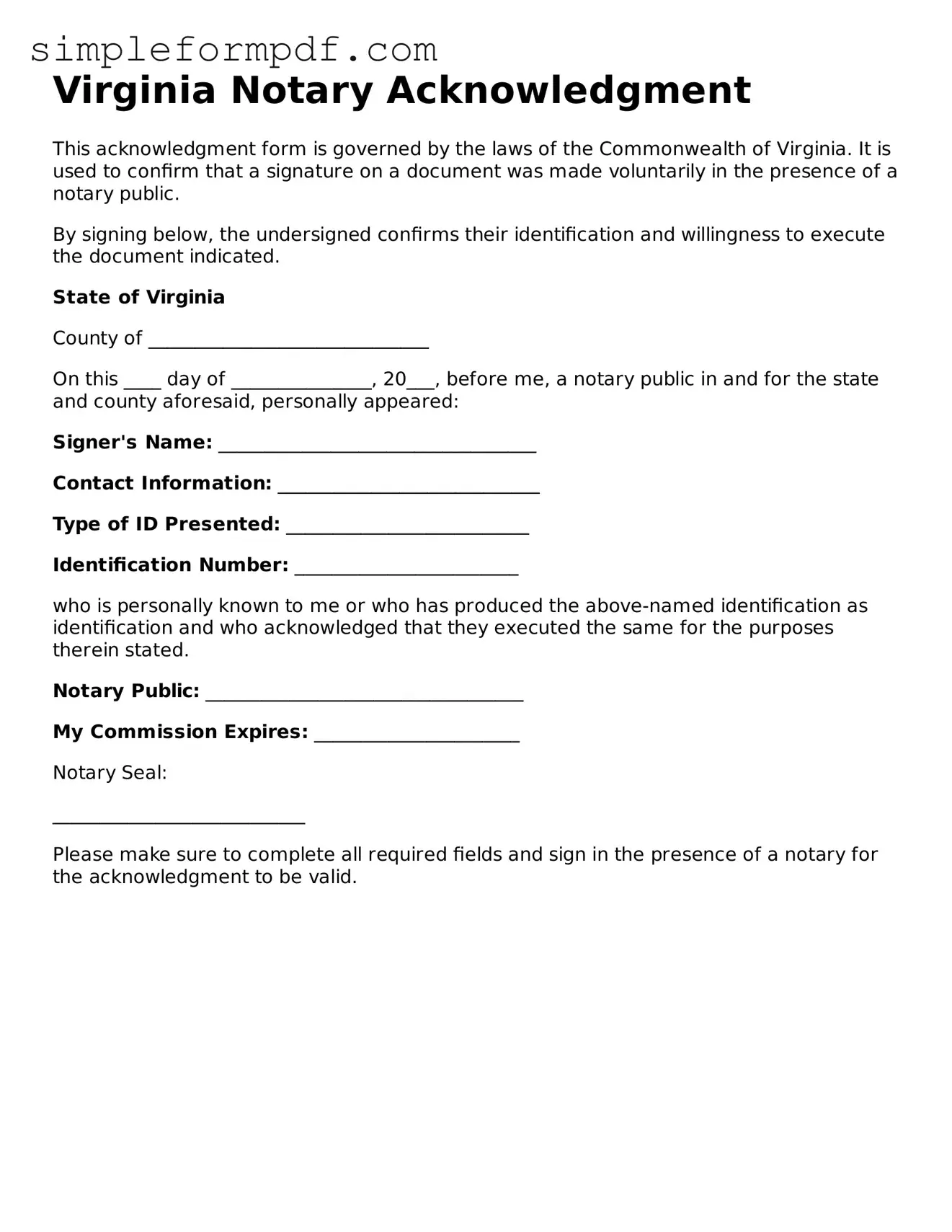Free Notary Acknowledgement Form for the State of Virginia