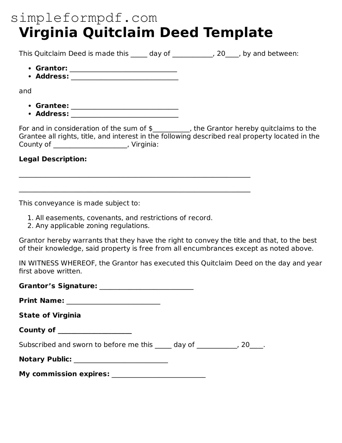 Free Quitclaim Deed Form for the State of Virginia