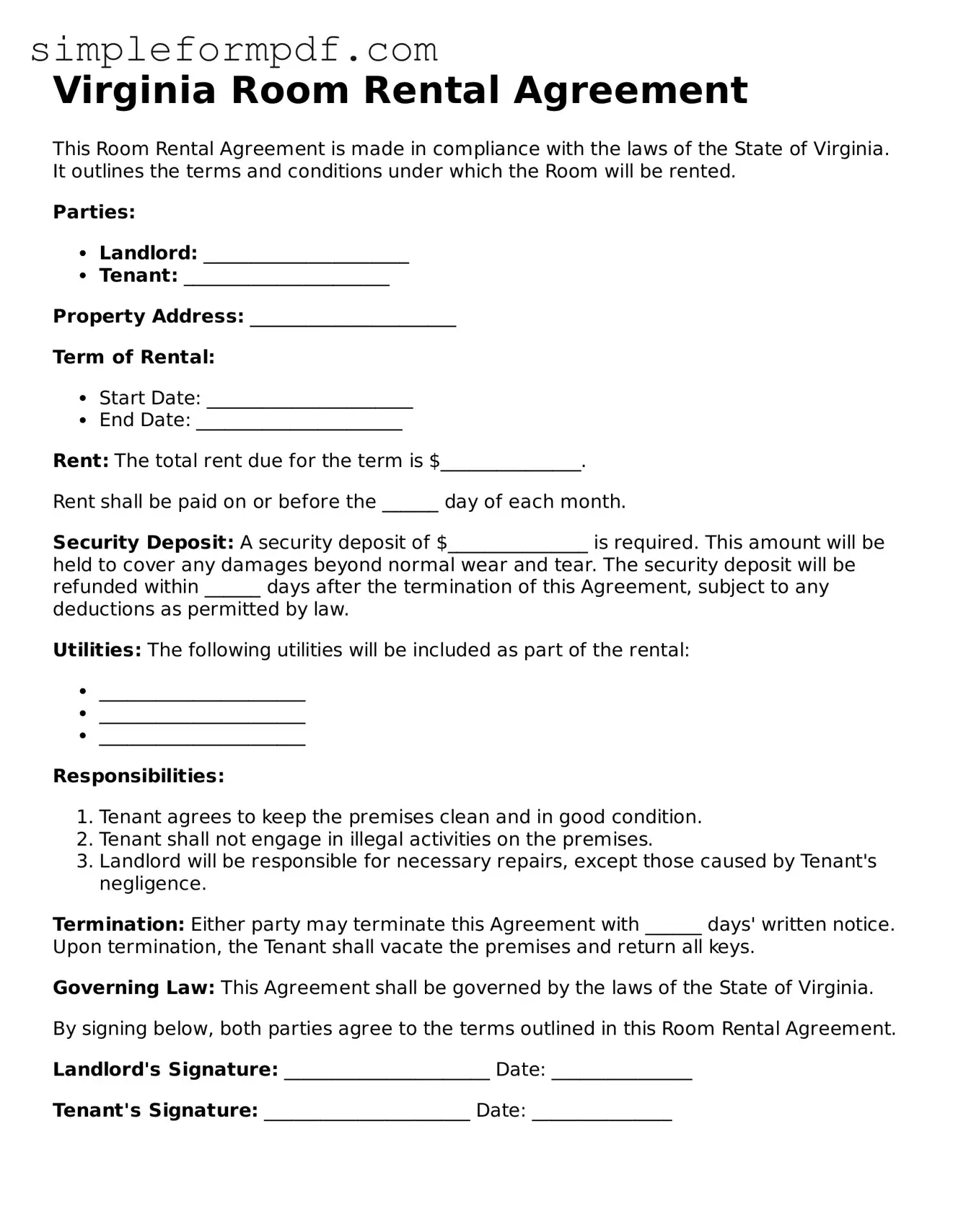 Free Room Rental Agreement Form for the State of Virginia