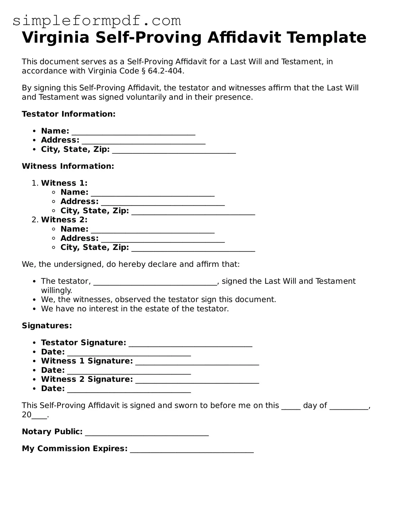 Free Self-Proving Affidavit Form for the State of Virginia