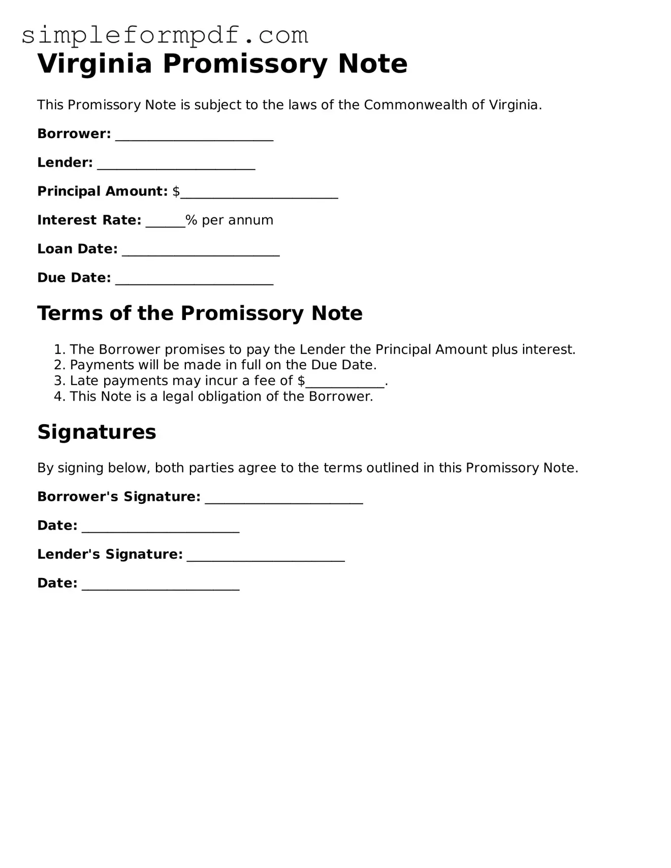 Free Promissory Note Form for the State of Virginia