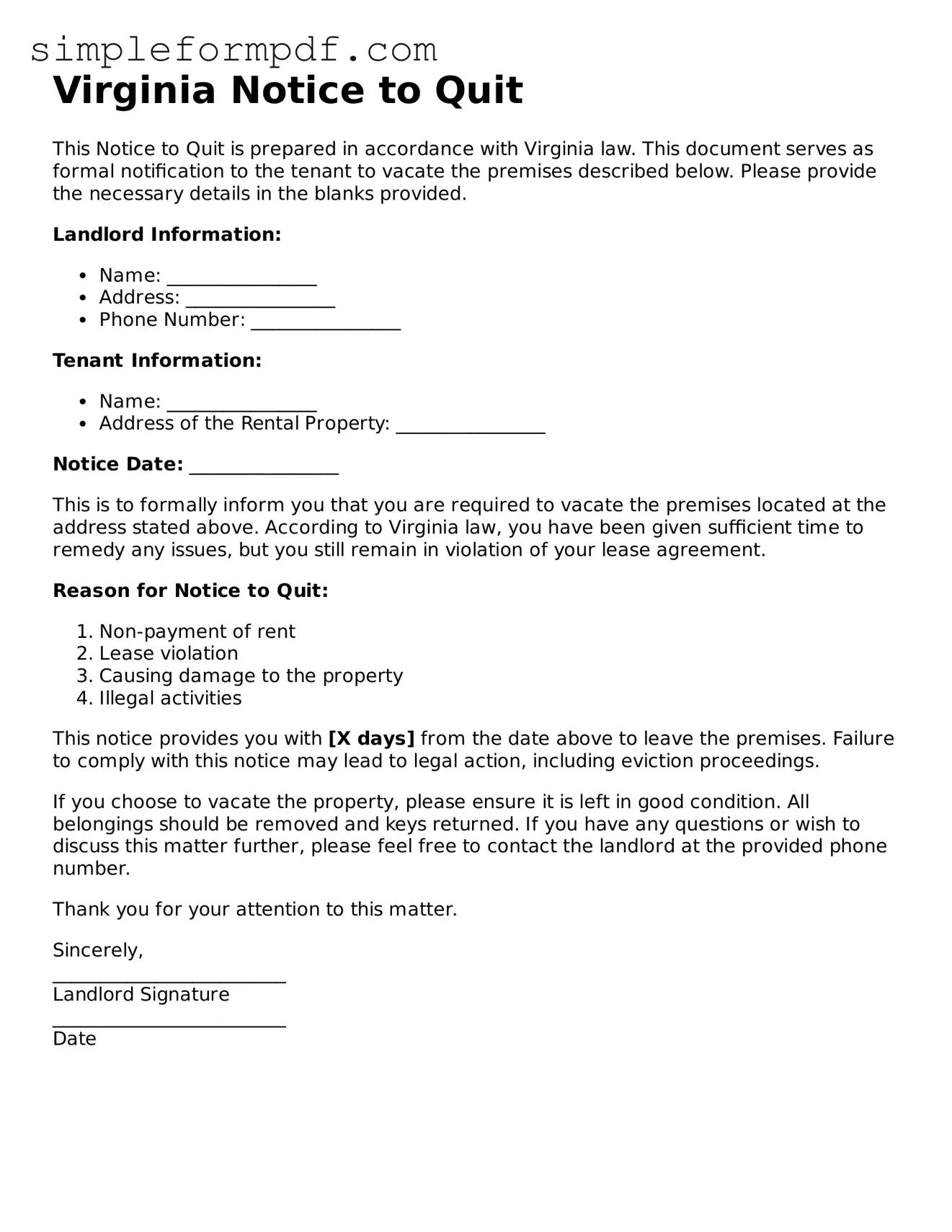 Free Notice to Quit Form for the State of Virginia