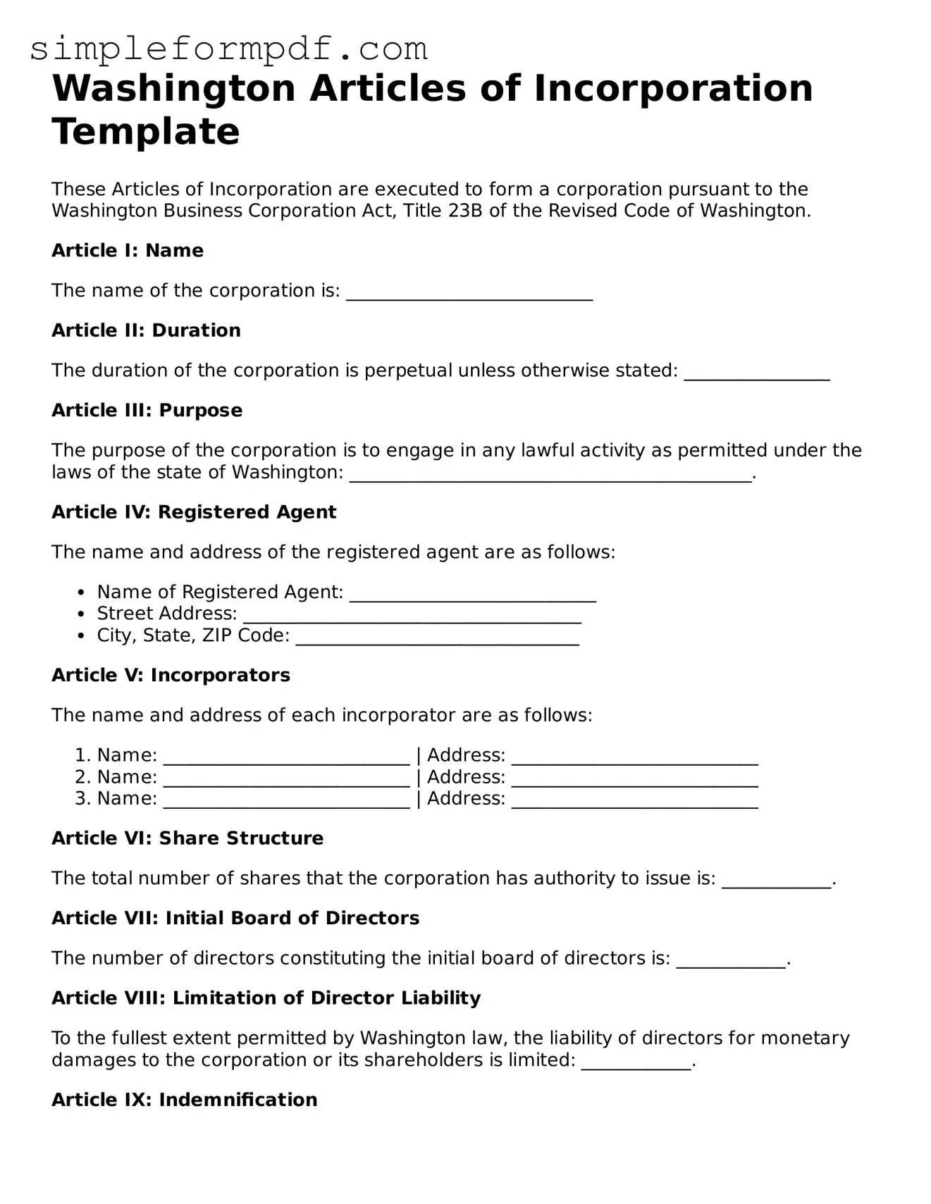 Free Articles of Incorporation Form for the State of Washington