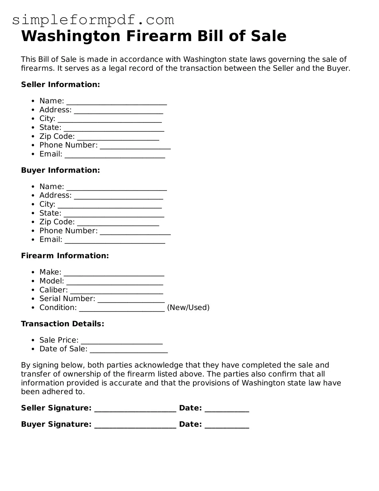 Free Firearm Bill of Sale Form for the State of Washington