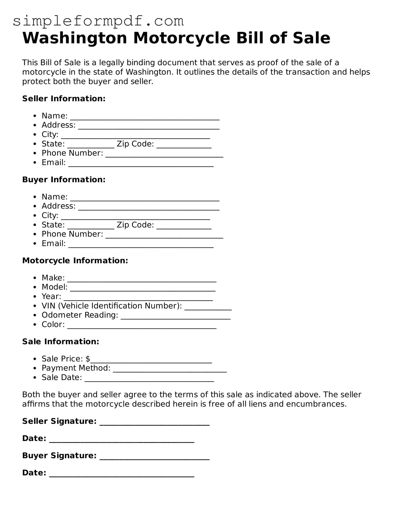 Free Motorcycle Bill of Sale Form for the State of Washington