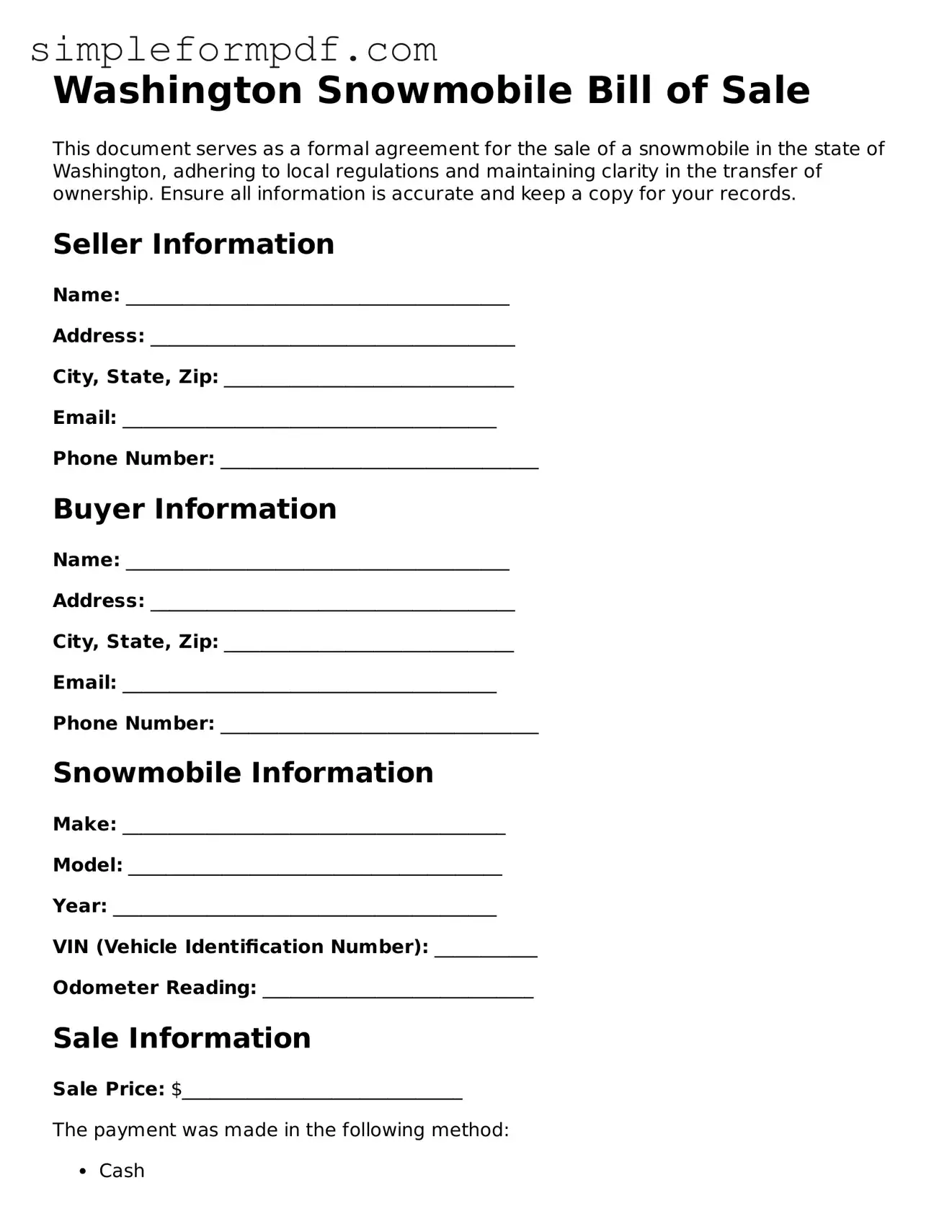 Free Snowmobile Bill of Sale Form for the State of Washington