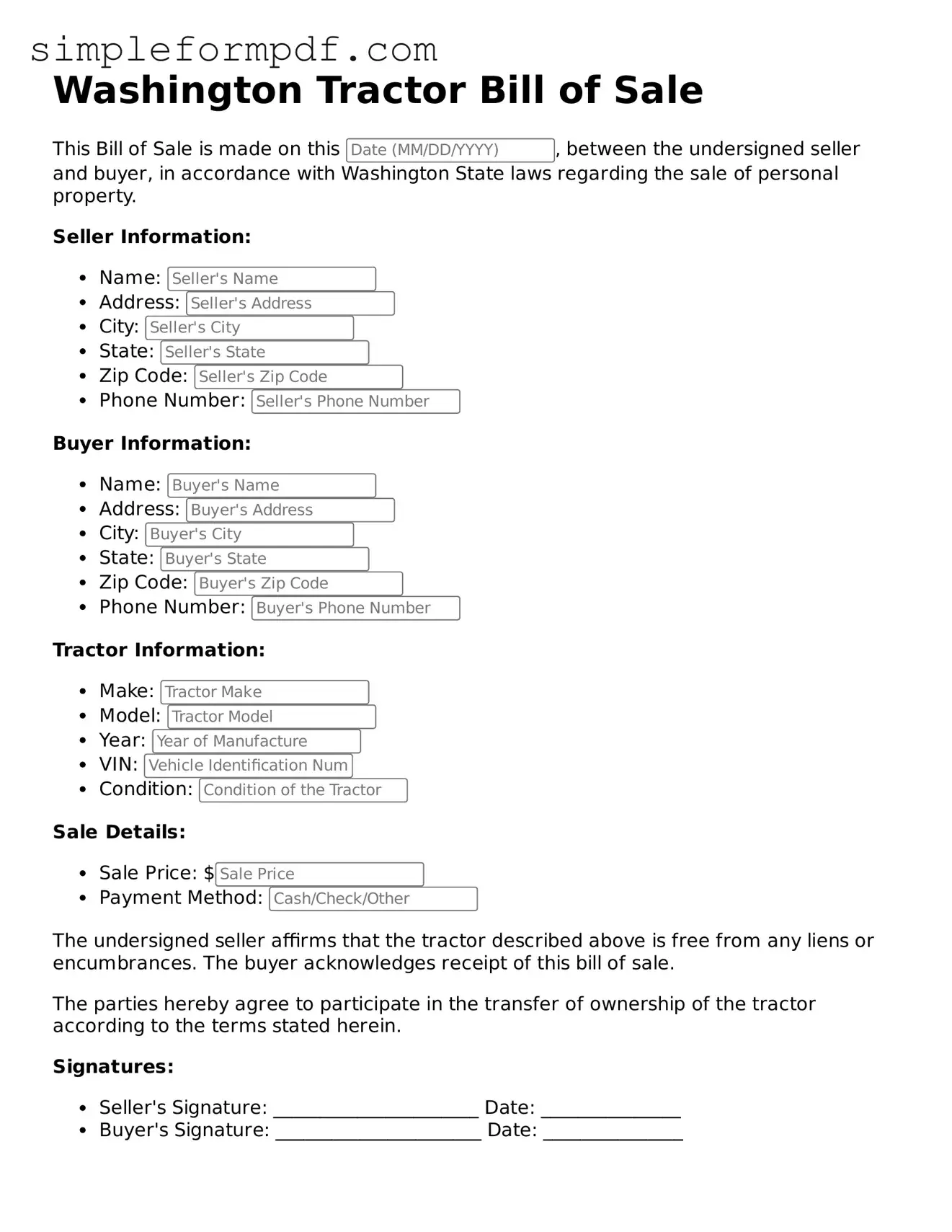 Free Tractor Bill of Sale Form for the State of Washington