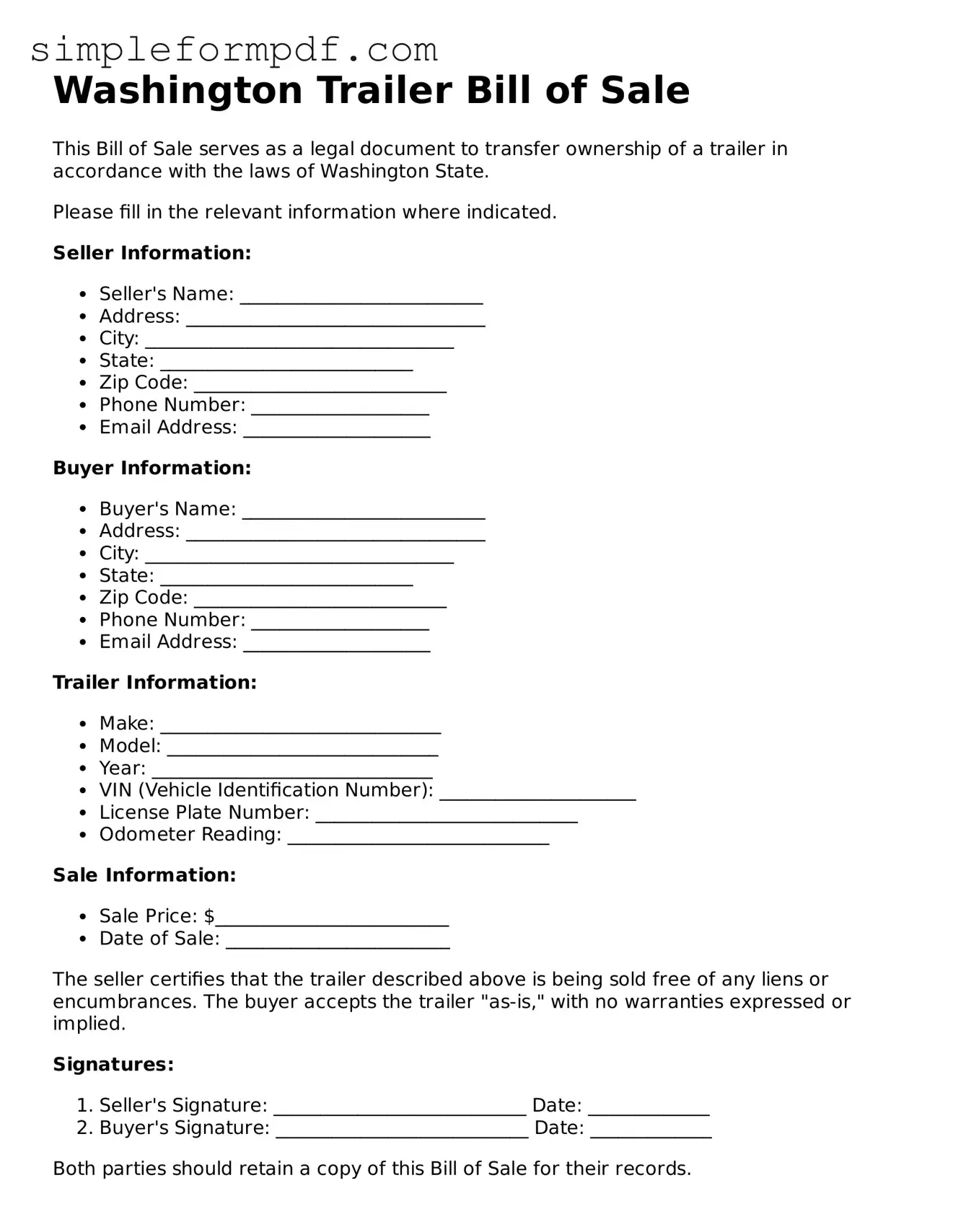 Free Trailer Bill of Sale Form for the State of Washington