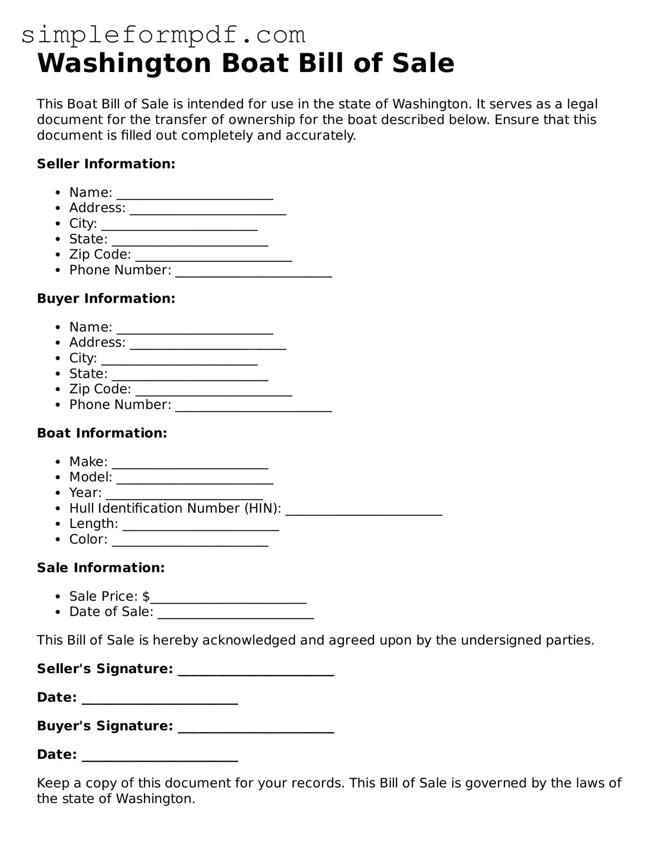 Free Boat Bill of Sale Form for the State of Washington