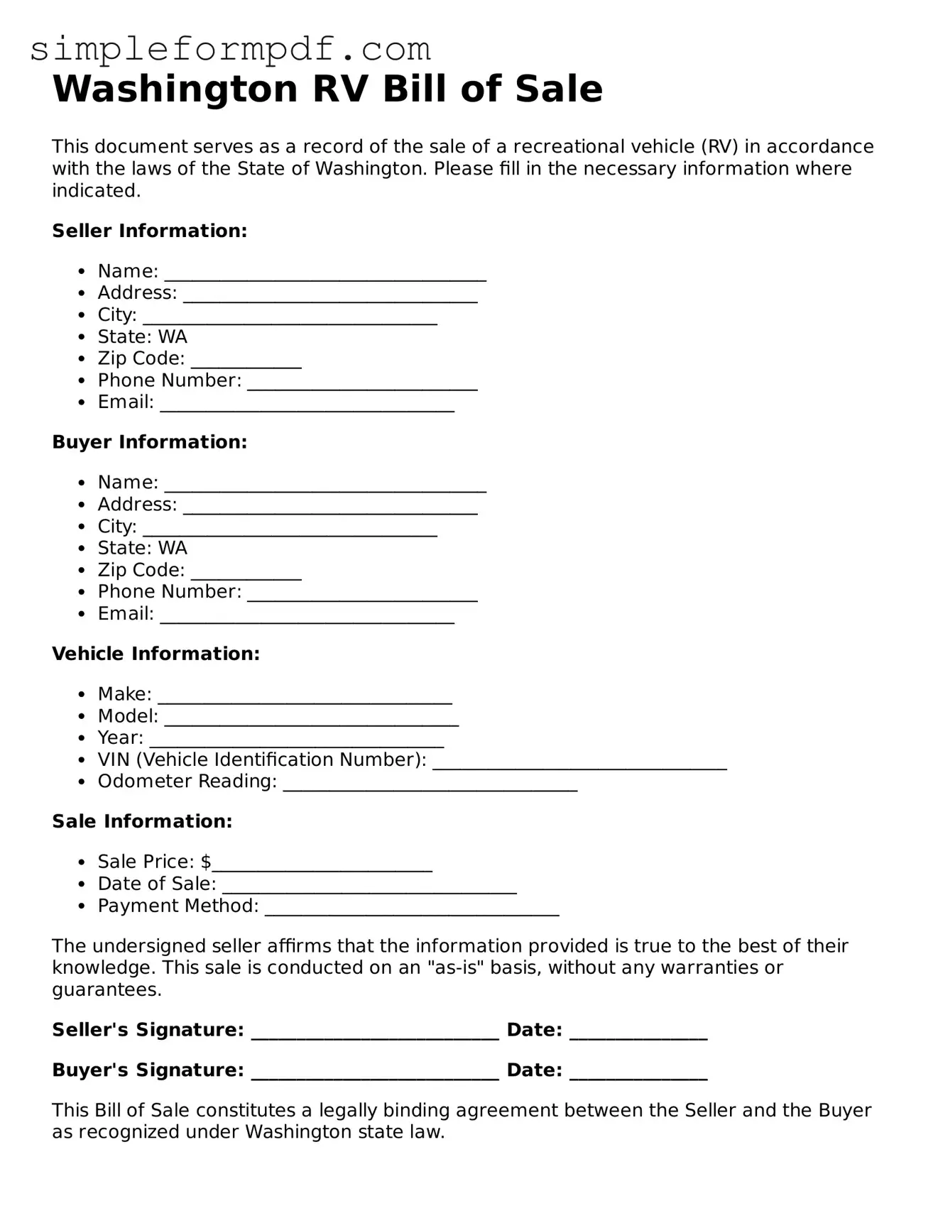Free RV Bill of Sale Form for the State of Washington