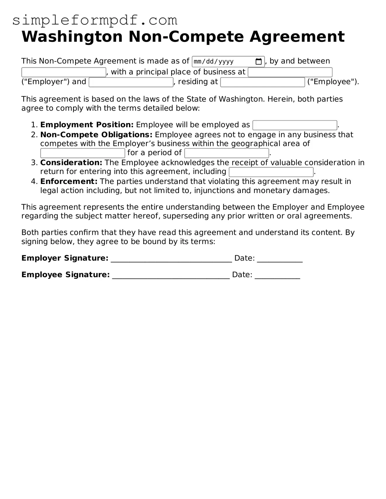 Free Non-compete Agreement Form for the State of Washington