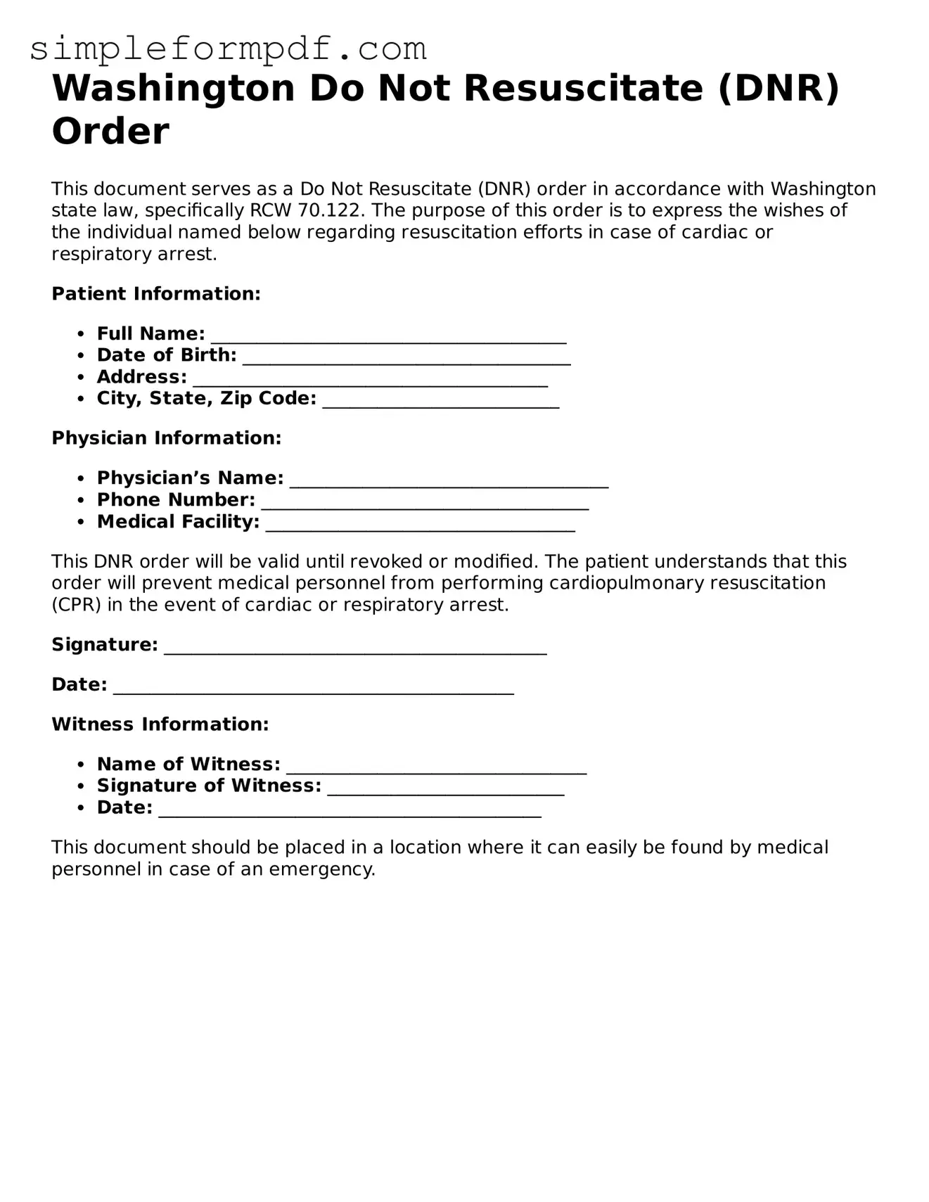 Free Do Not Resuscitate Order Form for the State of Washington