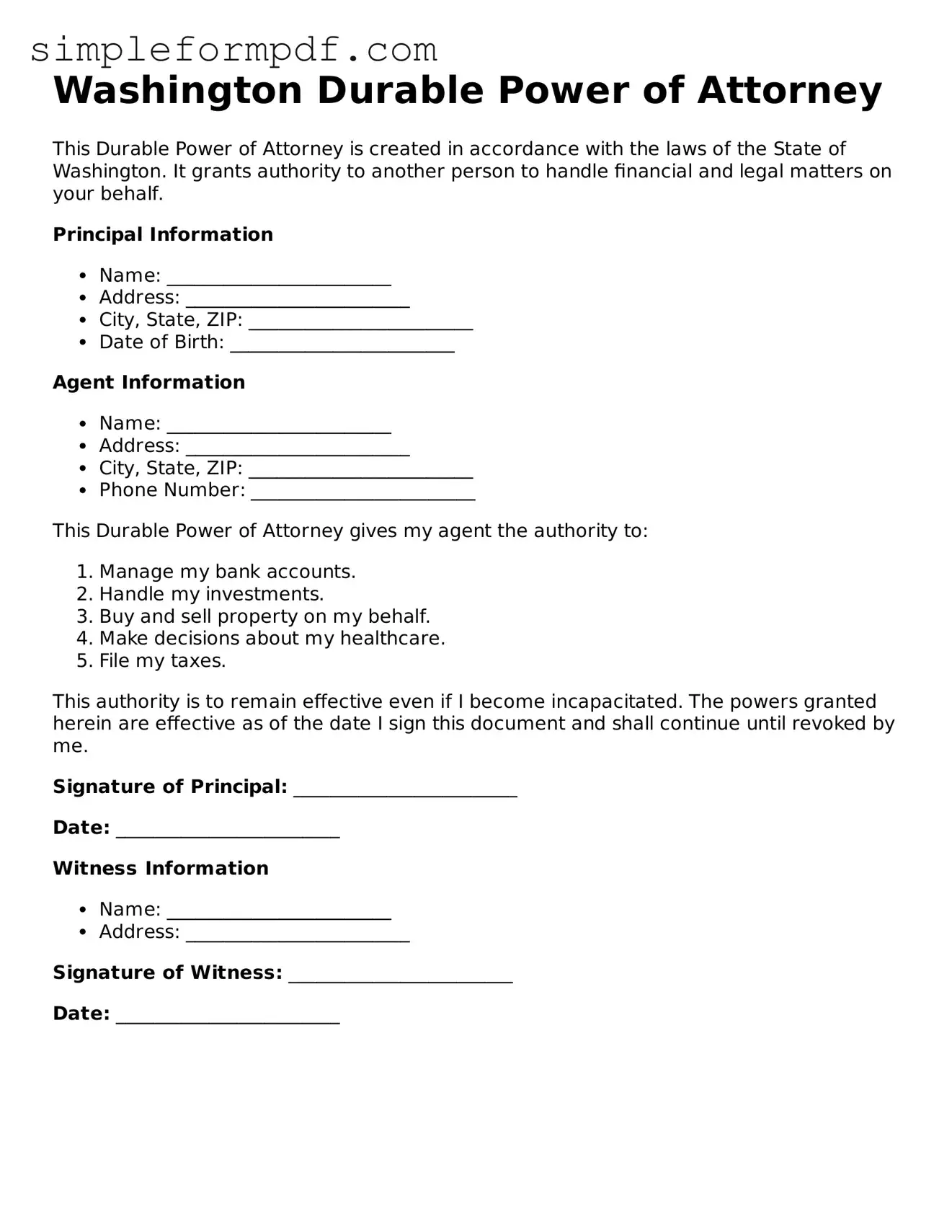 Free Durable Power of Attorney Form for the State of Washington