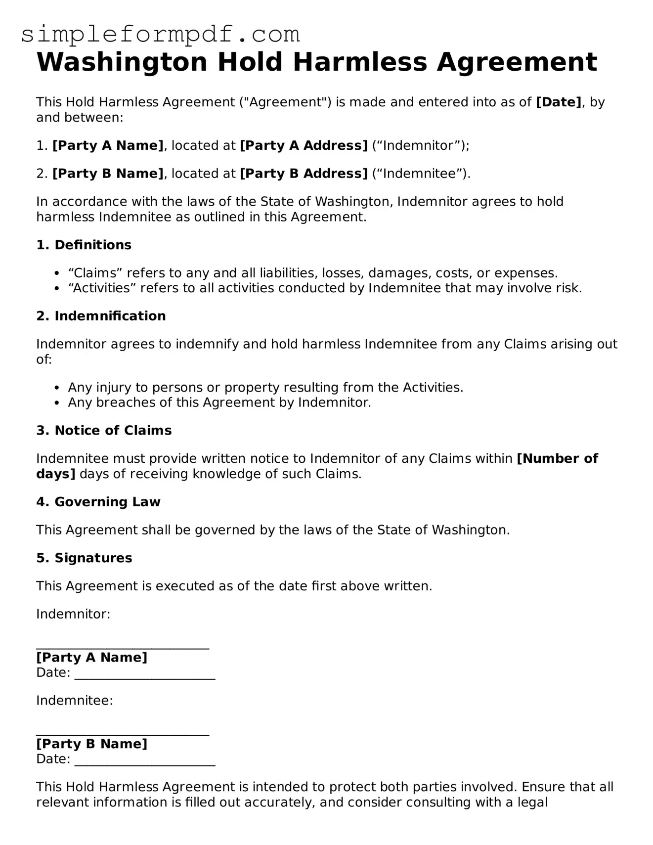 Free Hold Harmless Agreement Form for the State of Washington