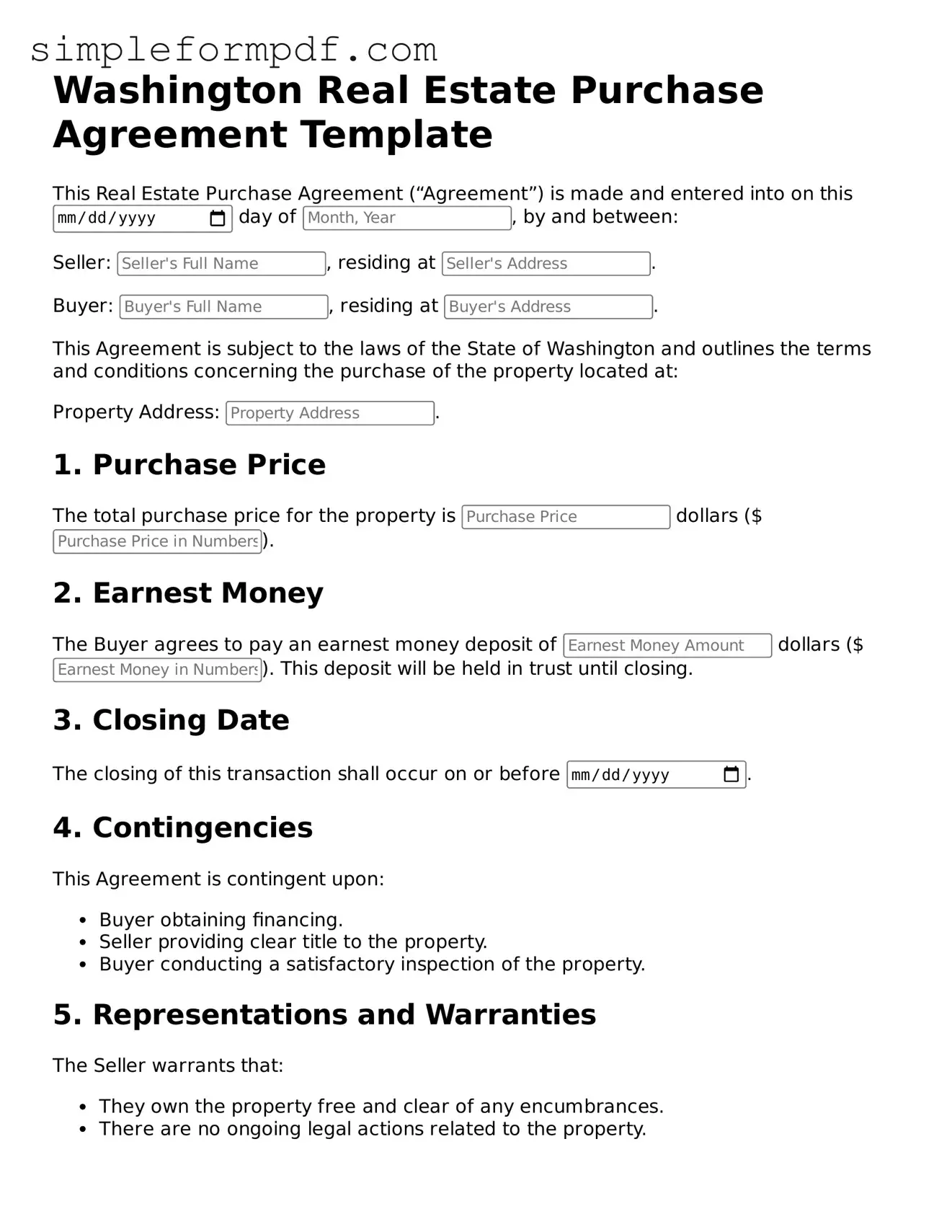 Free Real Estate Purchase Agreement Form for the State of Washington