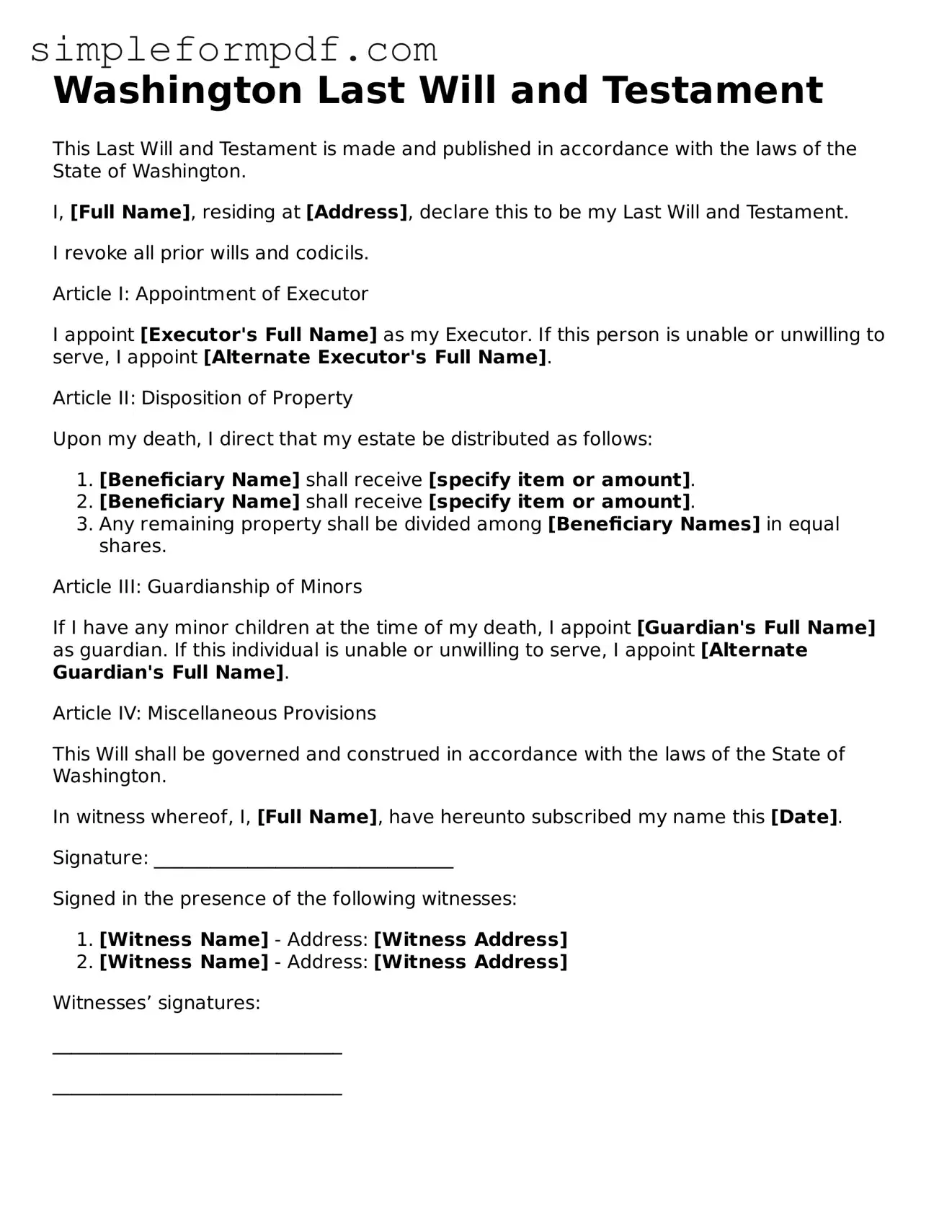 Free Last Will and Testament Form for the State of Washington