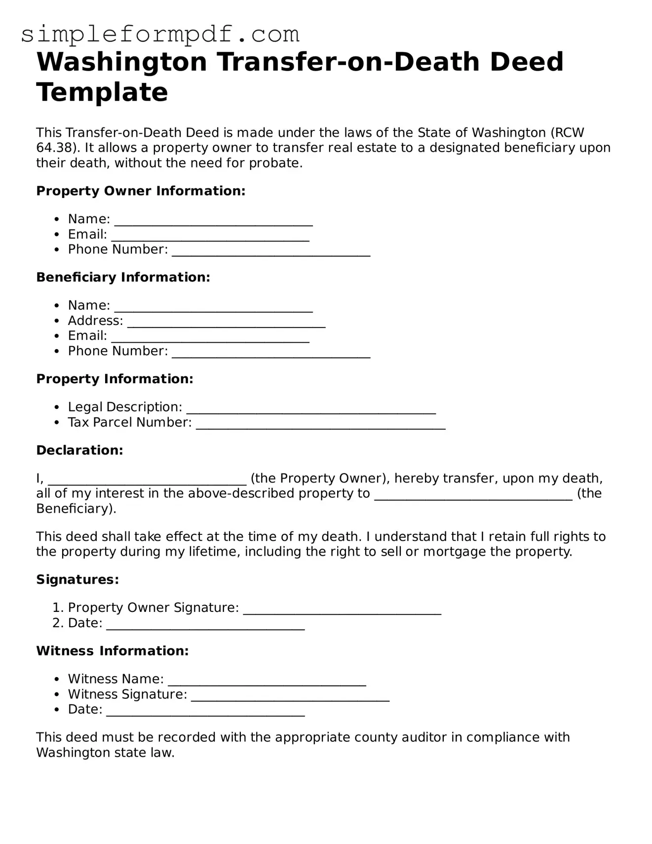 Free Transfer-on-Death Deed Form for the State of Washington