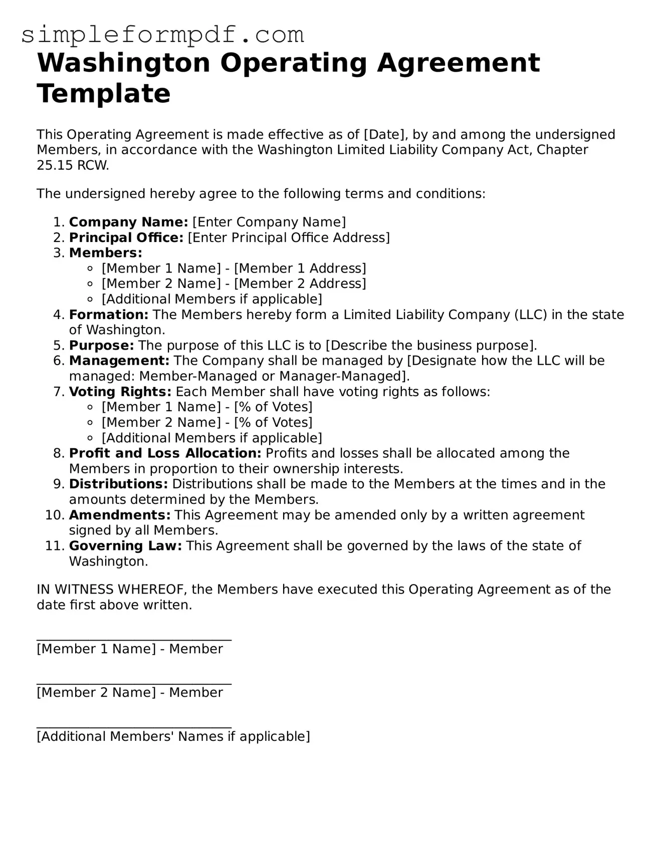 Free Operating Agreement Form for the State of Washington
