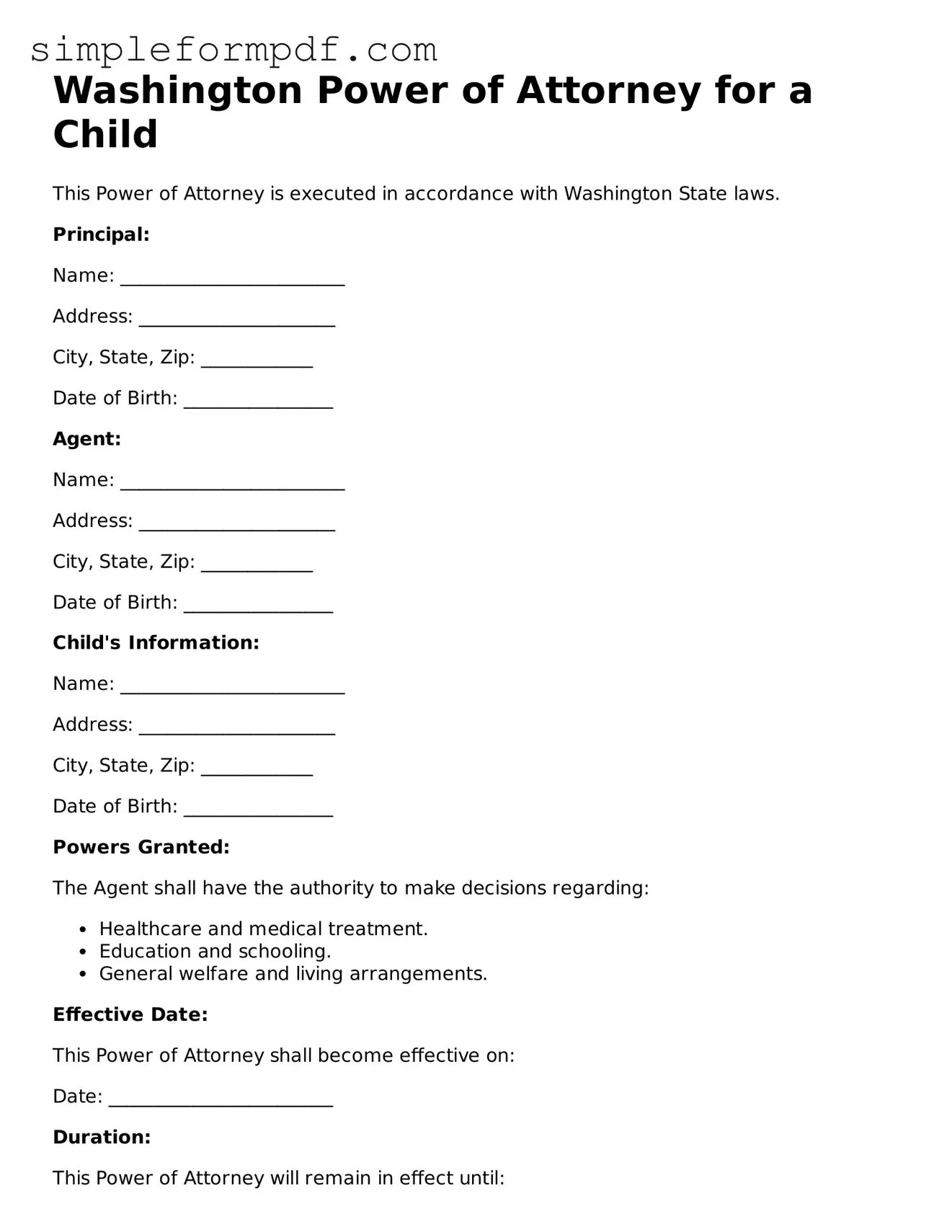 Free Power of Attorney for a Child Form for the State of Washington