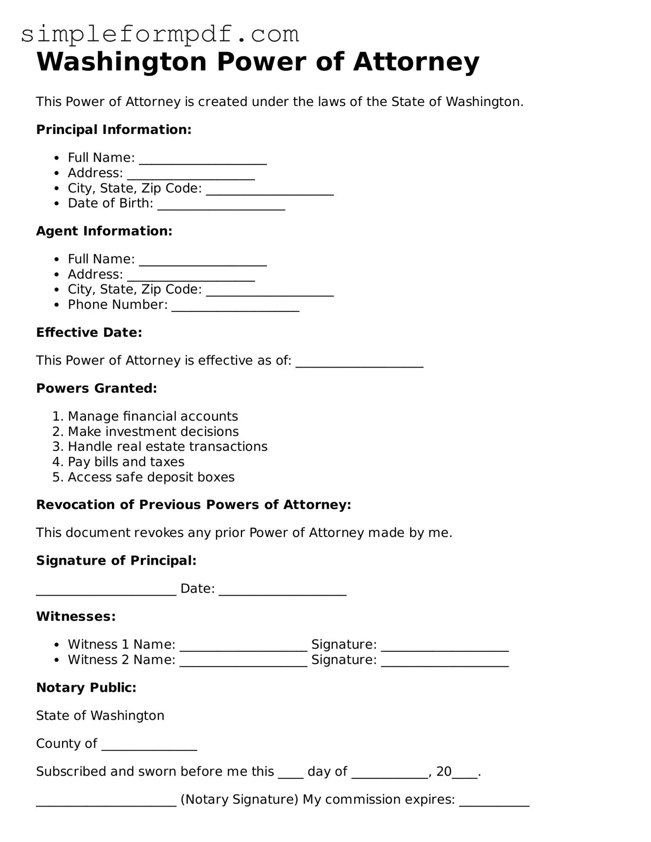 Free Power of Attorney Form for the State of Washington