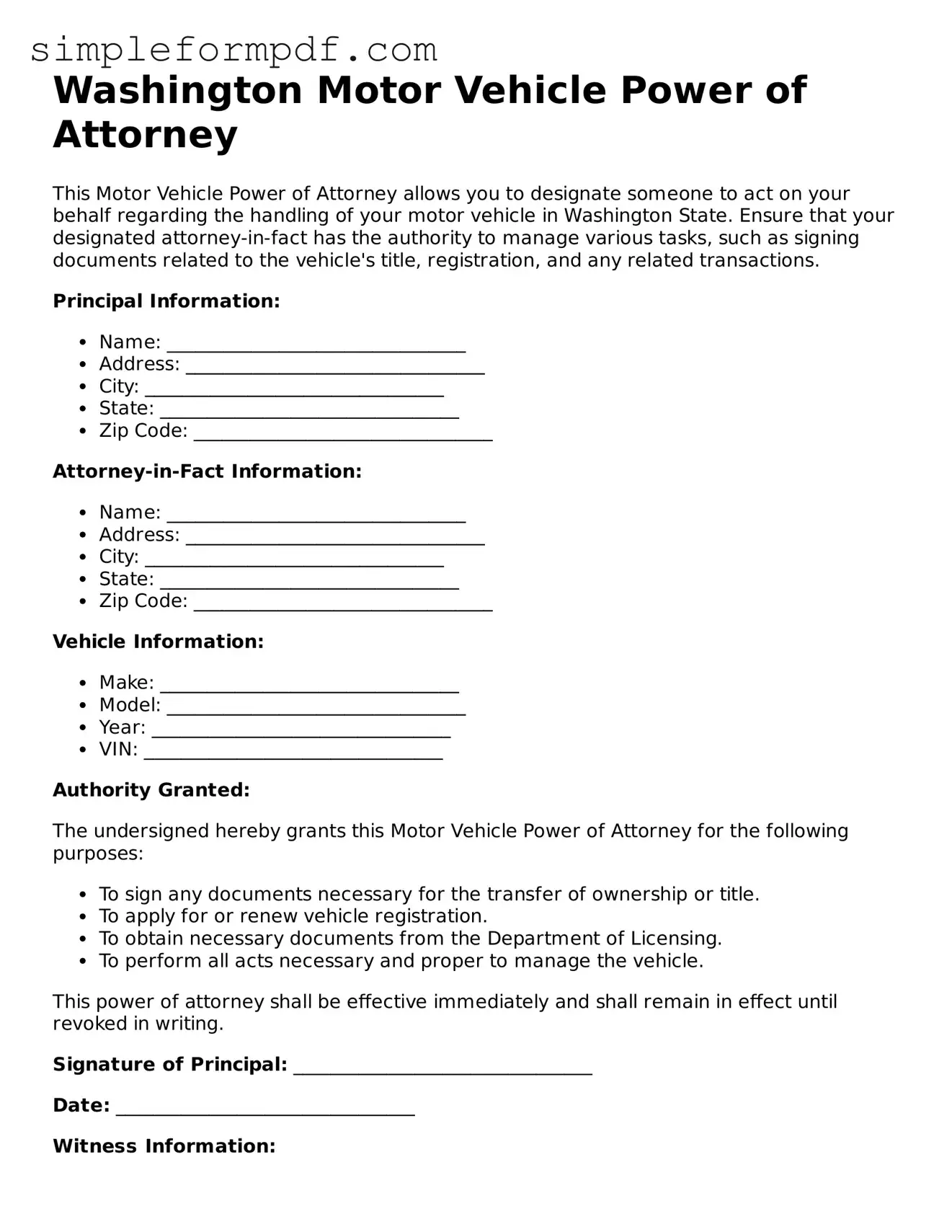 Free Motor Vehicle Power of Attorney Form for the State of Washington