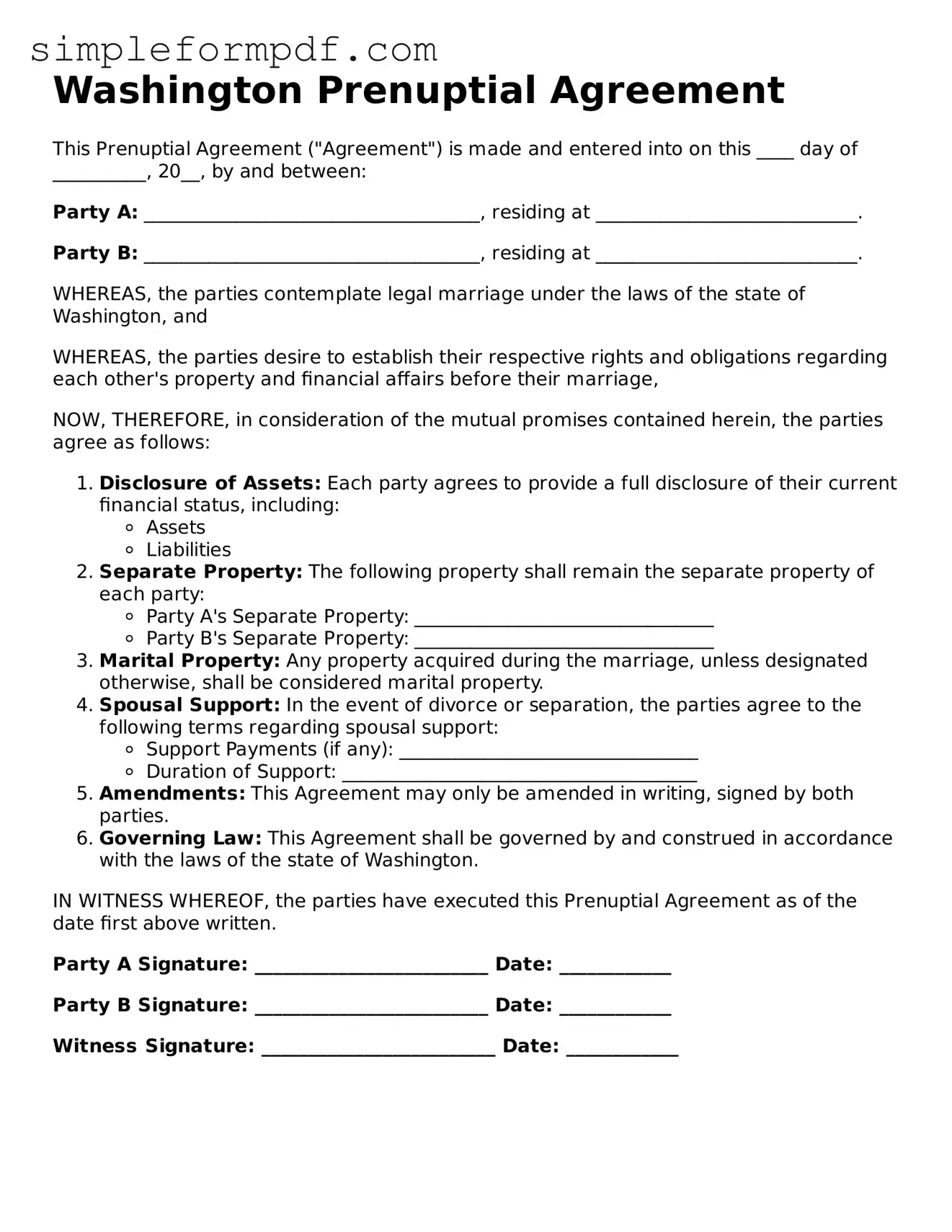 Free Prenuptial Agreement Form for the State of Washington