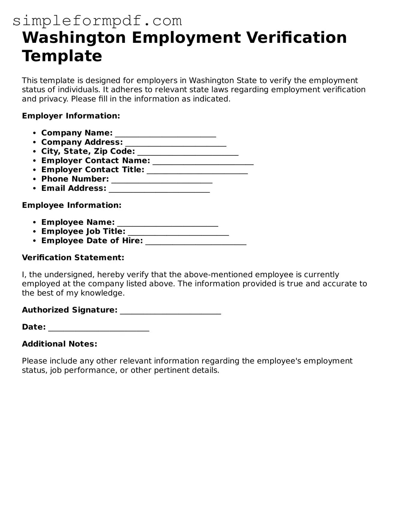 Free Employment Verification Form for the State of Washington