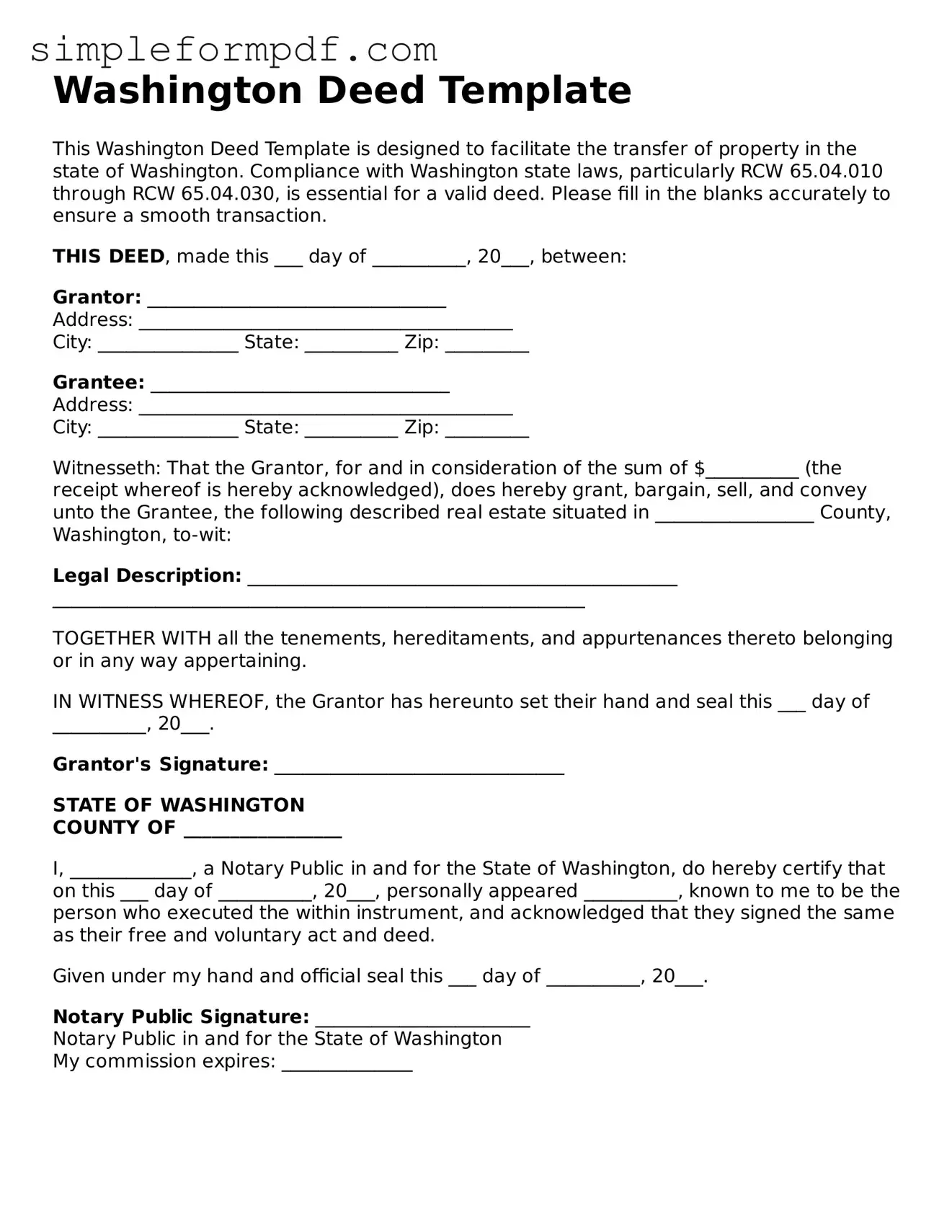 Free Deed Form for the State of Washington