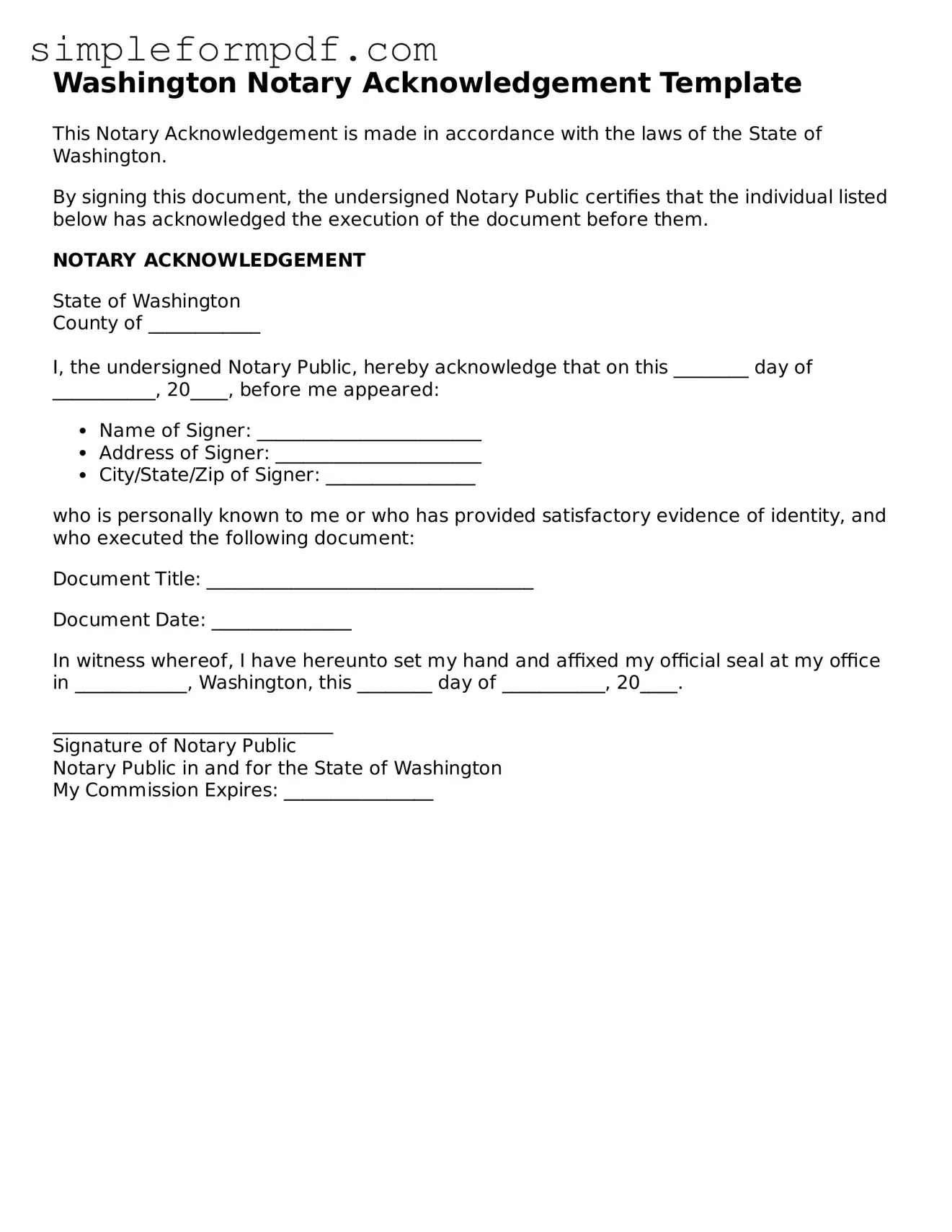 Free Notary Acknowledgement Form for the State of Washington