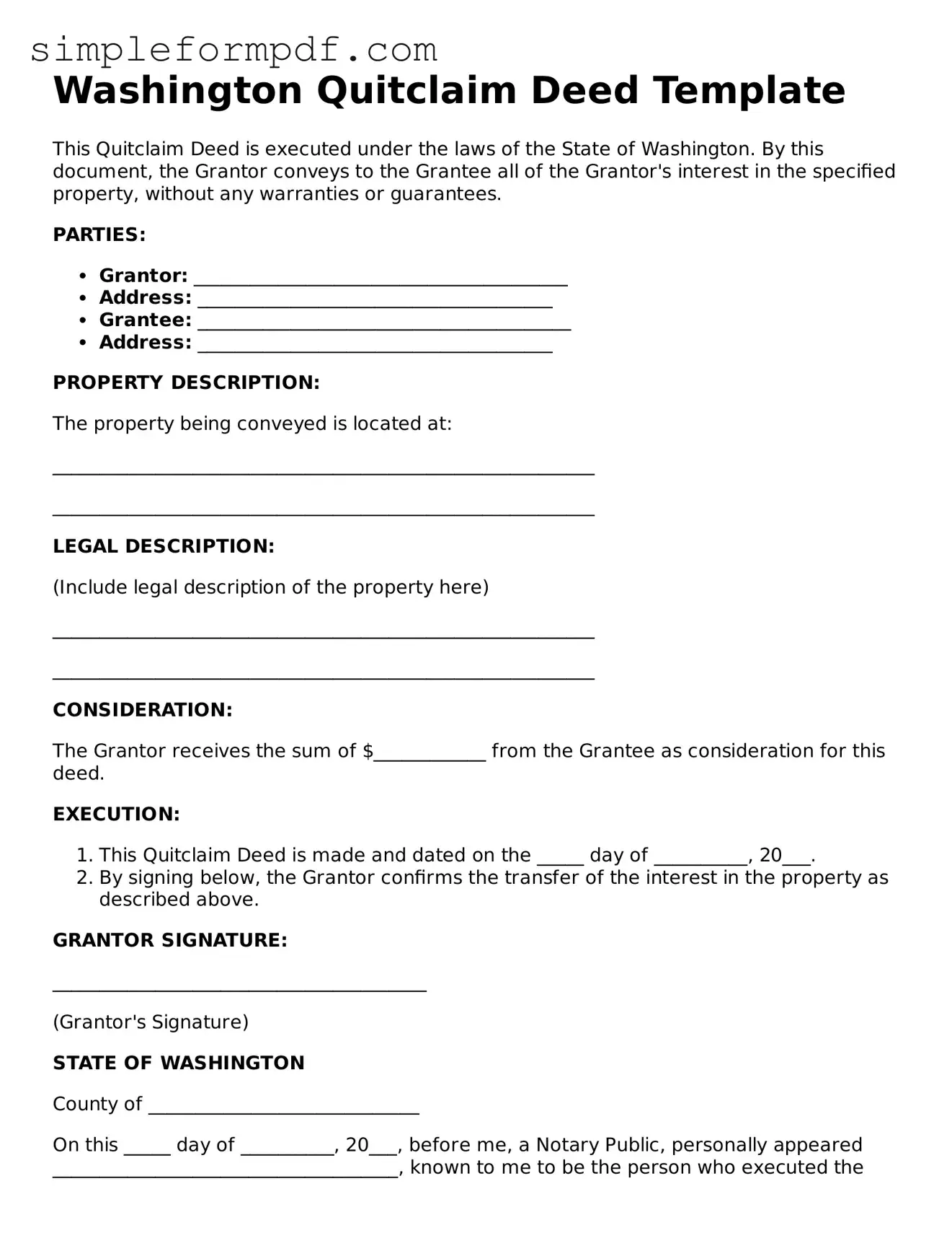 Free Quitclaim Deed Form for the State of Washington