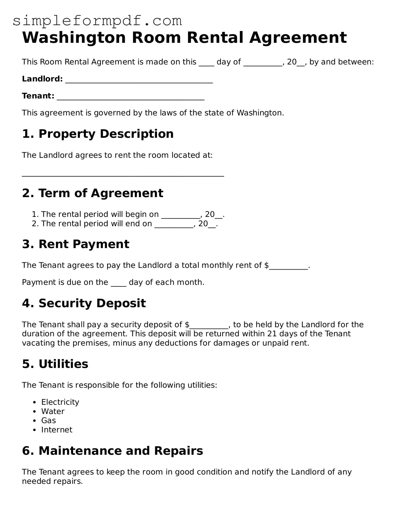 Free Room Rental Agreement Form for the State of Washington