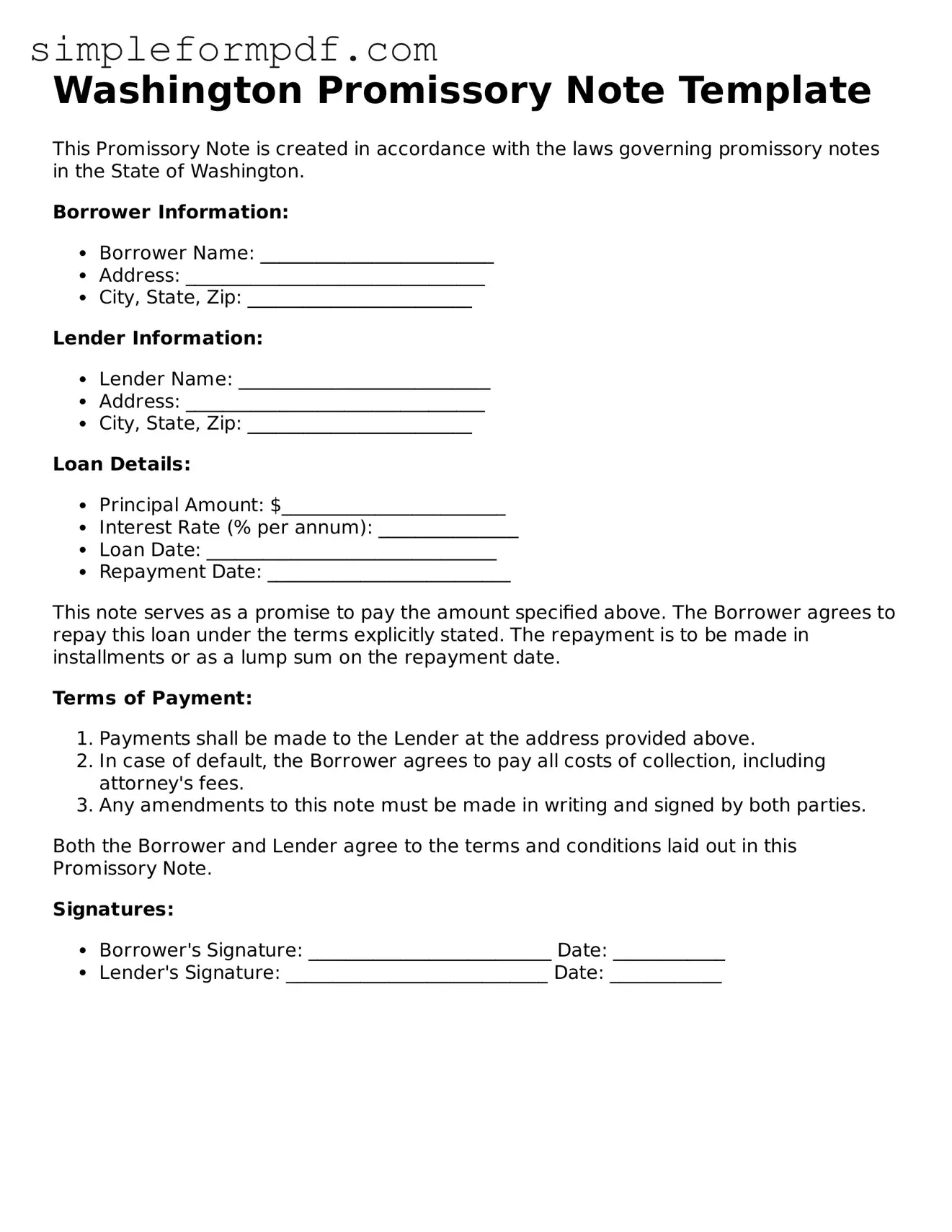 Free Promissory Note Form for the State of Washington