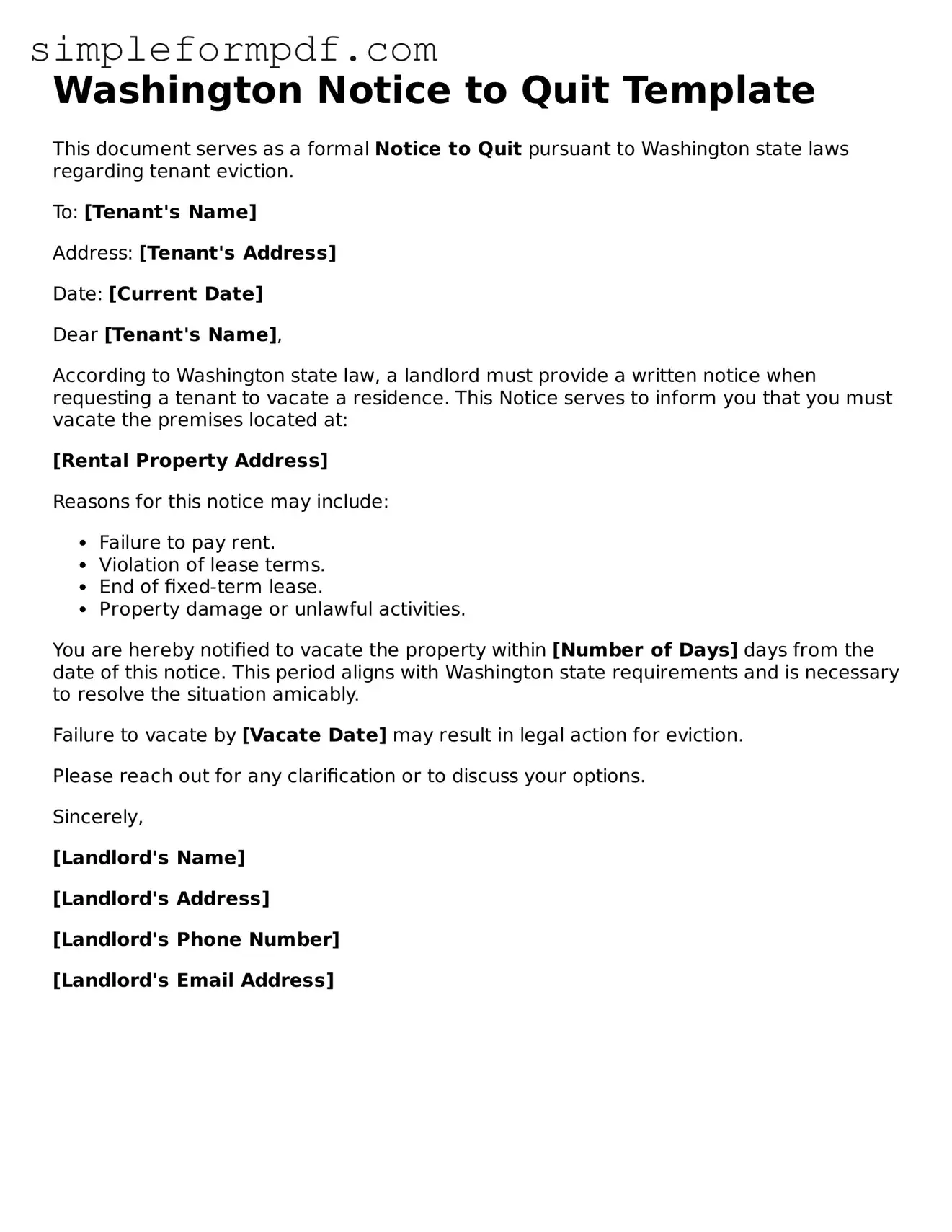Free Notice to Quit Form for the State of Washington